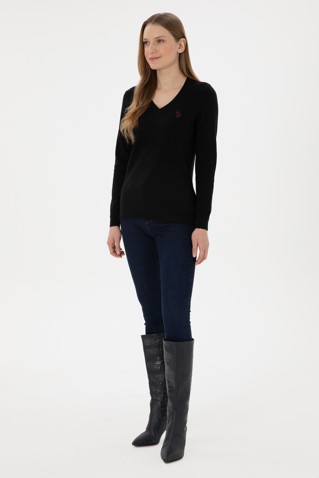 Свитер женский U.S. Polo Assn V-образный вырез черный  фото 11