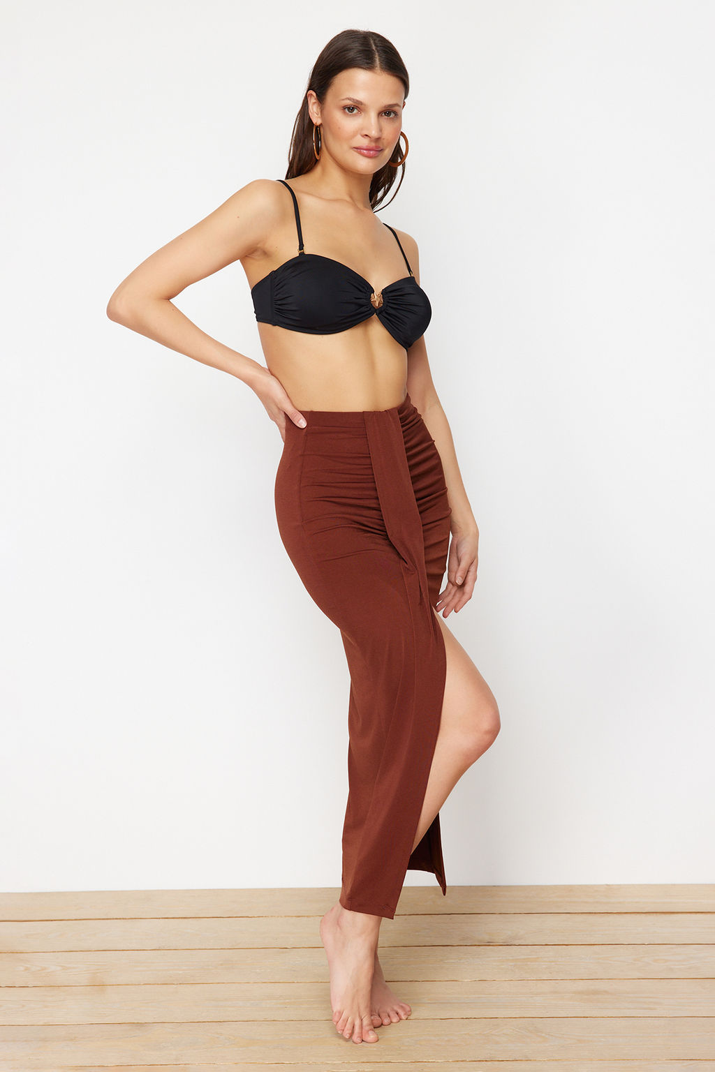 Plaj Giyim Kahverengi DokumaMaxi Etek TBESS23ET00021