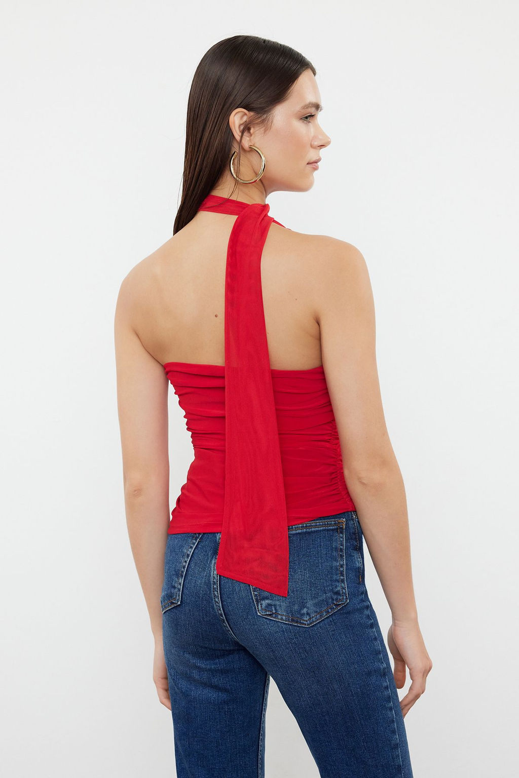 K?rm?z? Boyundan Baglamal? Buzgulu Astarl? Esnek Orme Bluz TWOSS24BZ00202