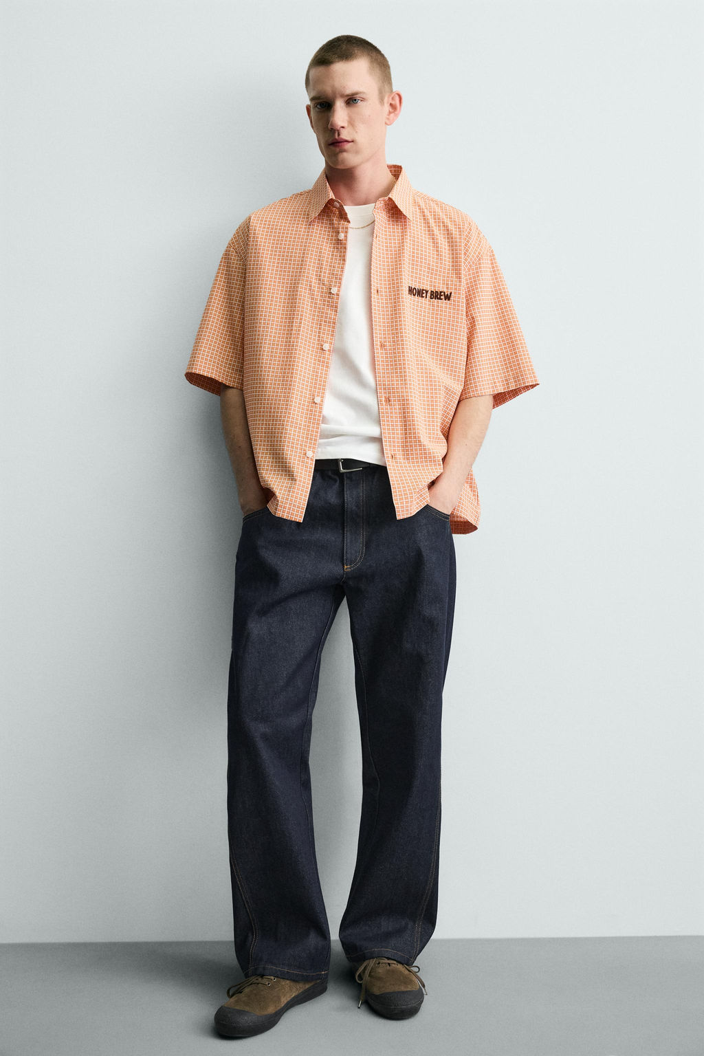 CAMISA CUADROS BORDADO COMBINADO / blanco-naranja - Zara фото 5