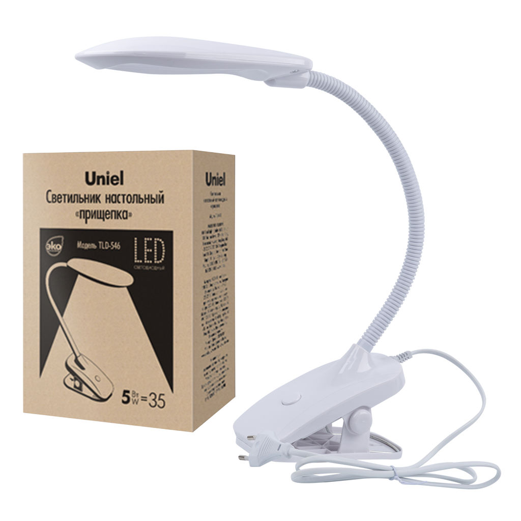 TLD-546 White/LED/350Lm/4500K Светильник настольный прищепка, 5W. Механический выключатель. Белый. ТМ Uniel