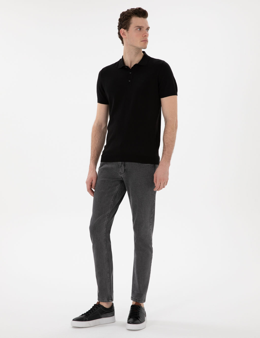 Siyah Slim Fit D__meli Polo Yaka Triko Ti__rt