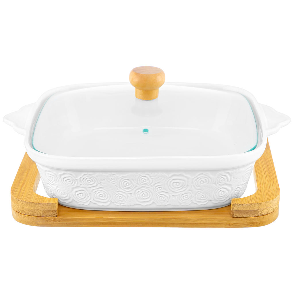 Блюдо д/запекания и сервировки 1,3 л 29*24*13 см "Розы" квадрат. со стекл. крышкой на дер. подставке