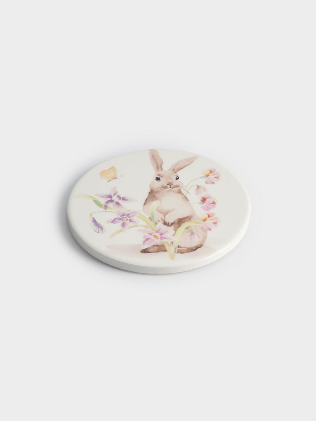 Подставка под кружку, 11 см, круглая, керамика/пробка, белая, Кролик в цветах, Flower Rabbit