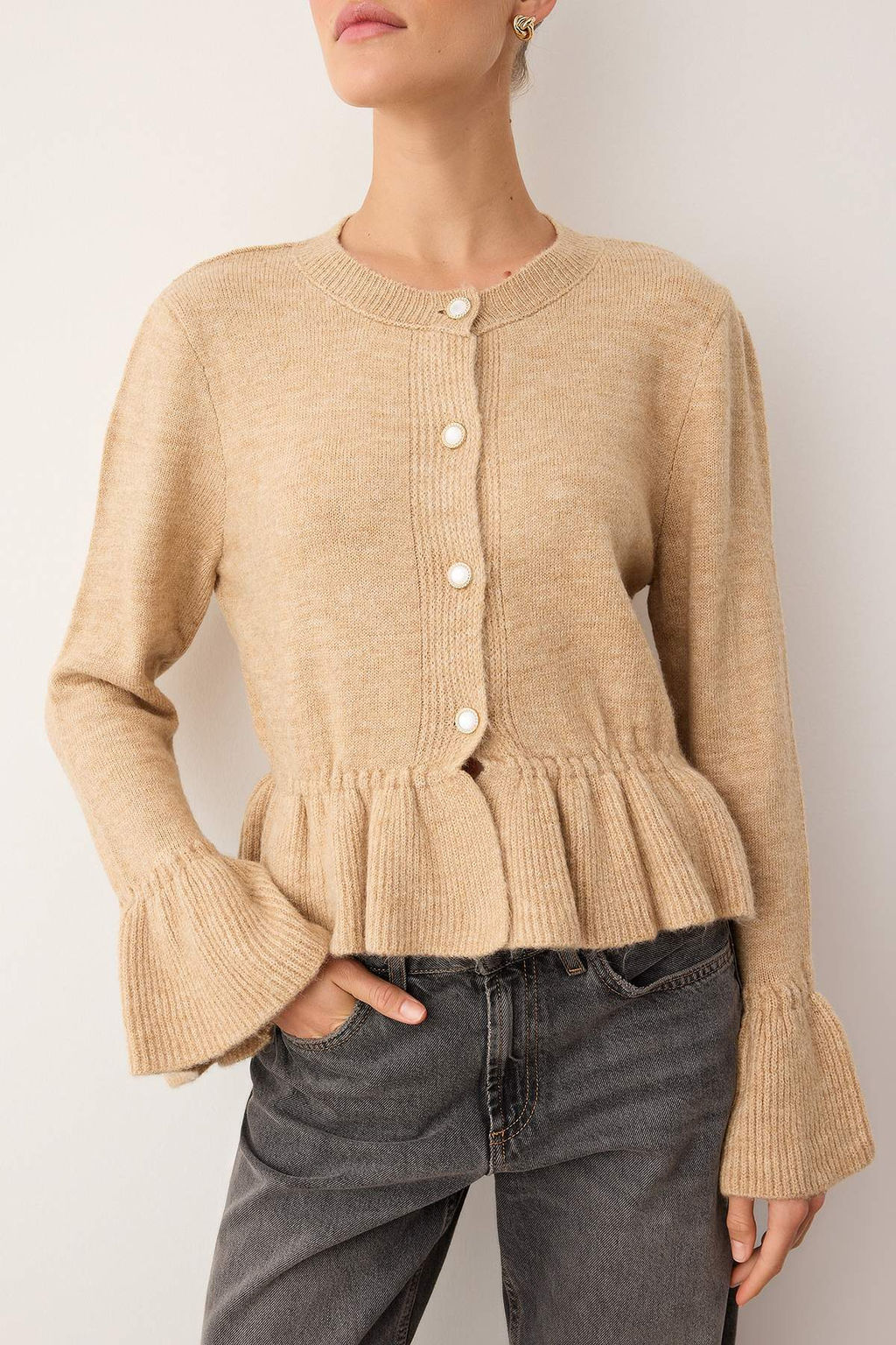 Bej Yumusak Dokulu Peplum Triko H?rka TWOAW26HI00114