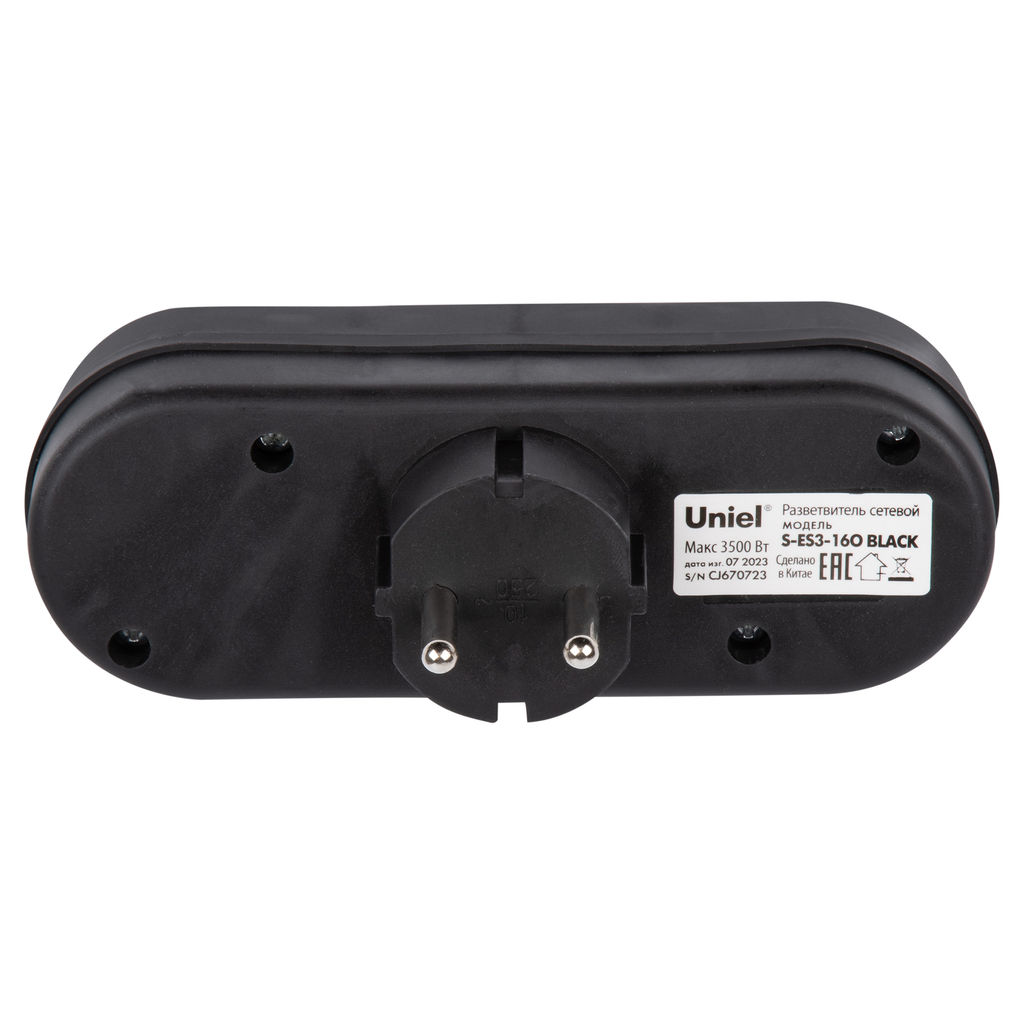 S-ES3-16O BLACK Разветвитель сетевой, б/з. 3 гнезда. 16А, 3500Вт. Черный. ТМ Uniel