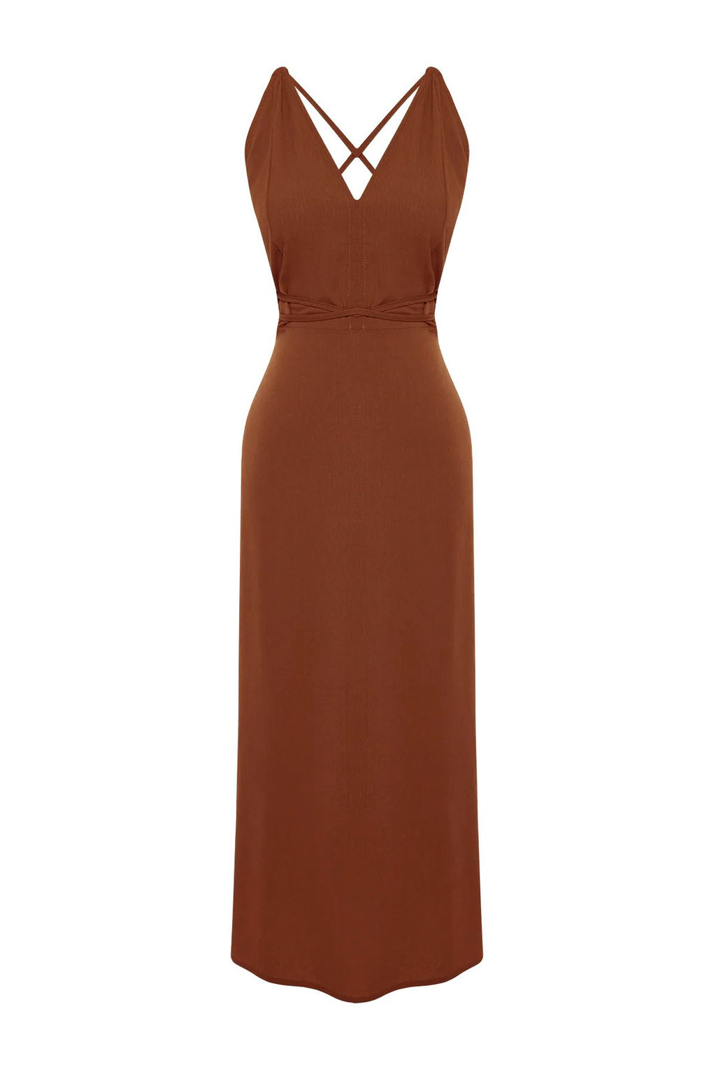 TRENDYOLMILLA Kahverengi Midi Dokuma S?rt Dekolteli Plaj Elbisesi TBESS22EL0727  фото 6