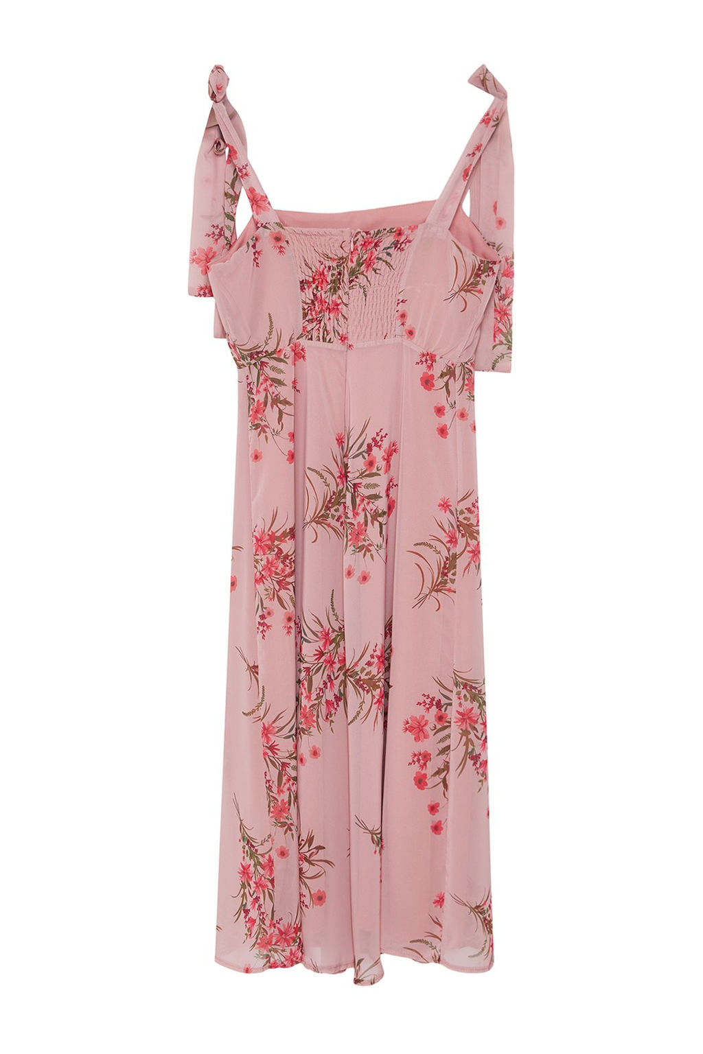 Pembe Cicekli A Kesim Y?rtmacl? S?rt? Gipe Detayl? Sifon Astarl? Midi Dokuma Elbise TWOSS24EL00699