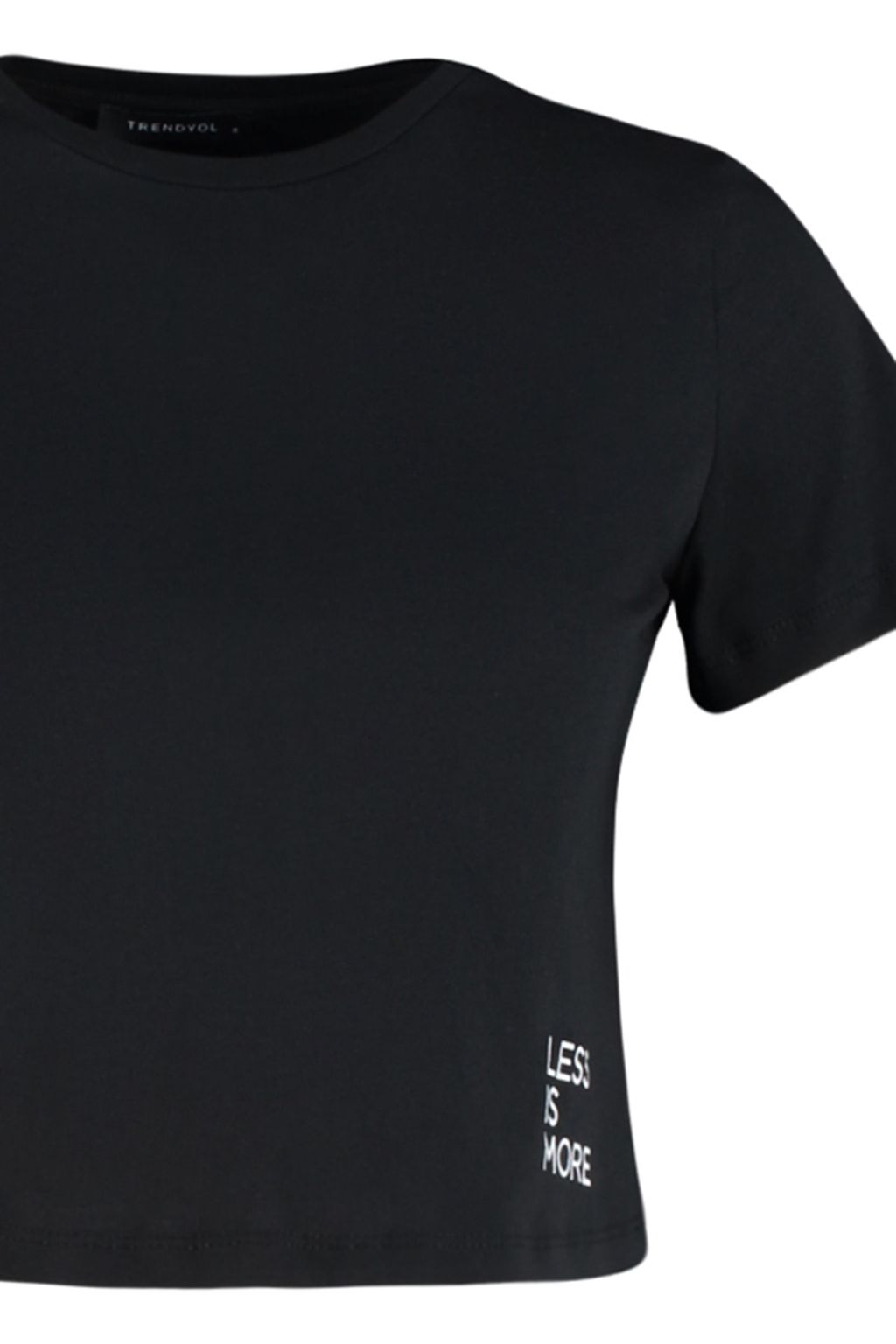 Siyah %100 Pamuk Slogan Bask?l? Crop Bisiklet Yaka Orme T-Shirt TWOSS23TS00125