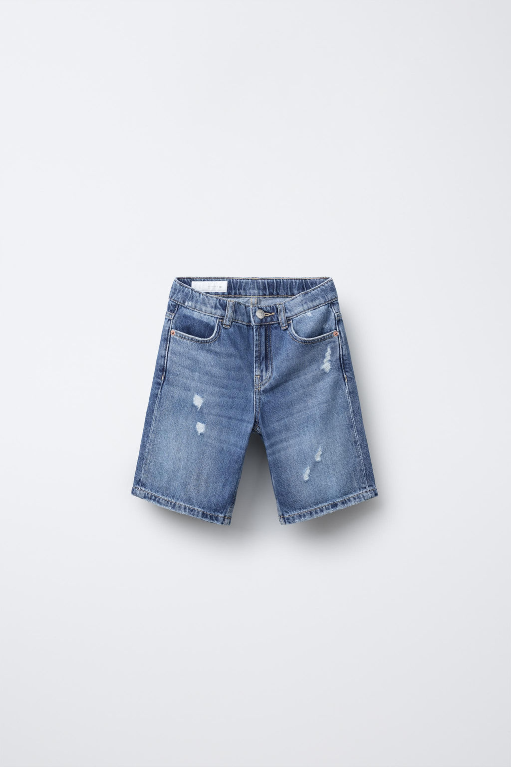 WIDE DENIM BERMUDA SHORTS WITH TEXT PRINT