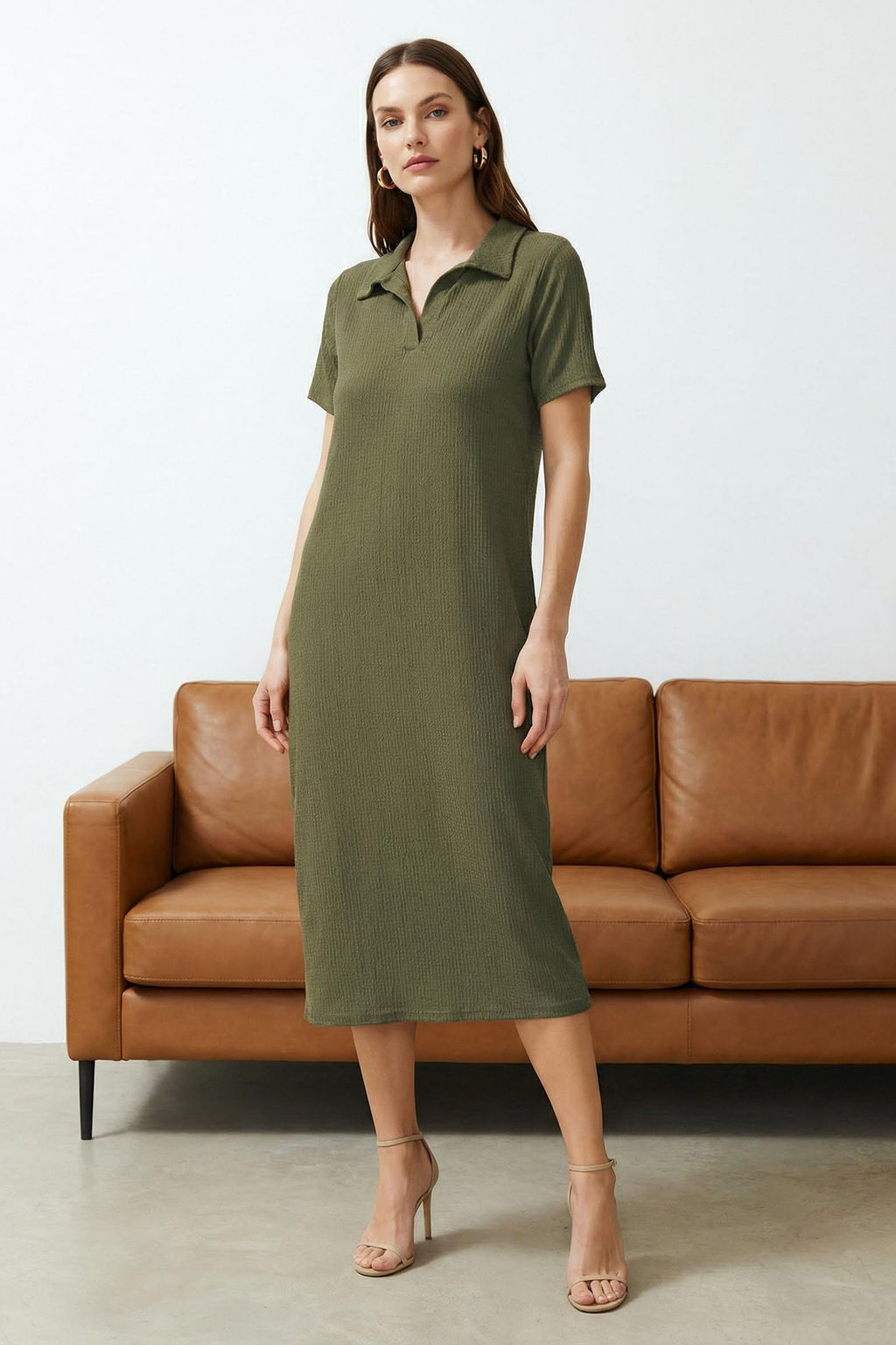 Haki Polo Yaka K?sa Kol Midi Burumcuk/Dokulu Orme Elbise TWOSS24EL00478