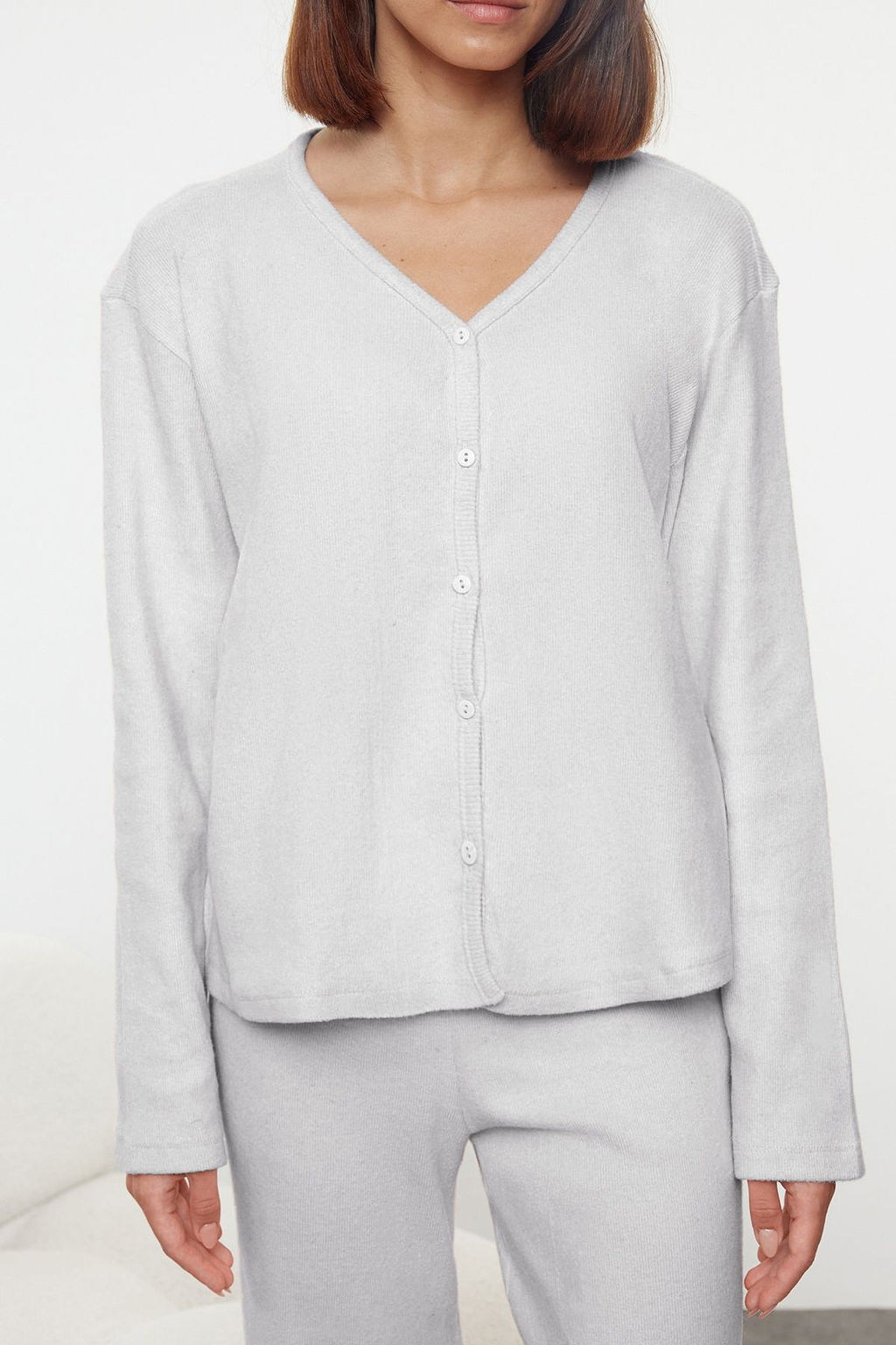 Gri Melanj Pamuklu F?rcal? Soft Fitilli H?rka Orme Pijama Tak?m? THMAW25PT00074