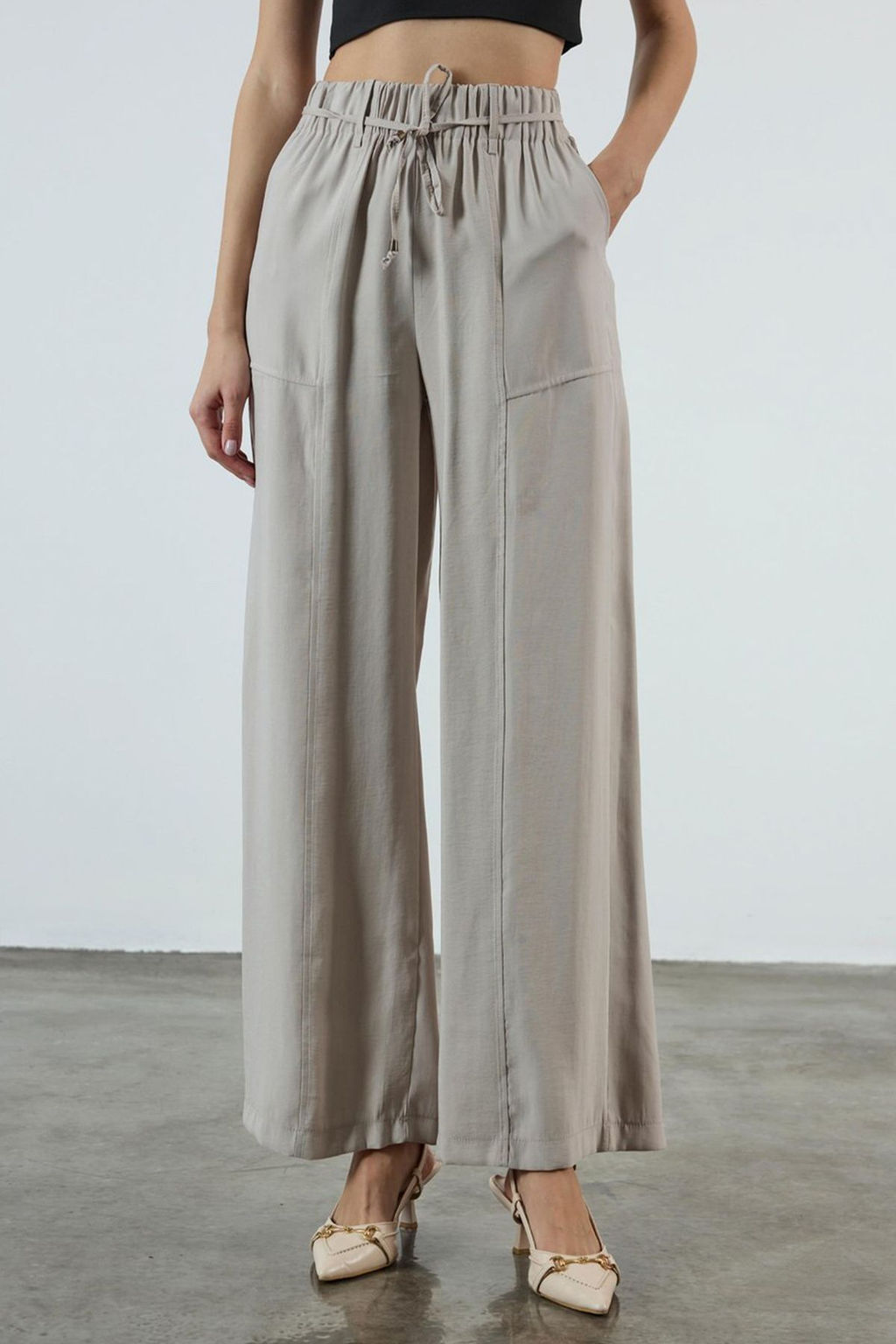 Bej Beli Lastikli Wide Leg/Genis Paca Pantolon TWOSS25PL00123