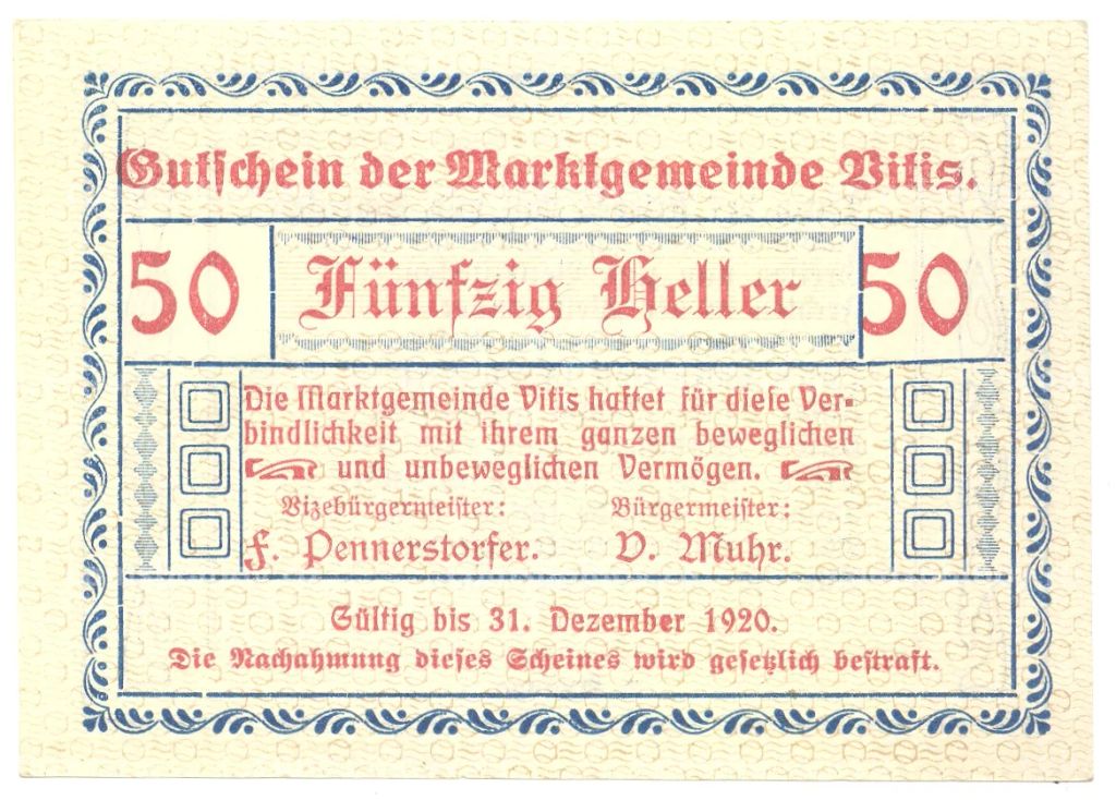 50 геллеров 1920 года Австрия  Нотгельд