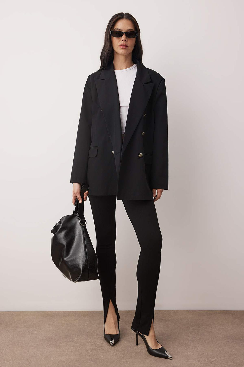 Siyah Kruvaze Kapama Dokuma Oversize Blazer Ceket TWOAW26BC00070