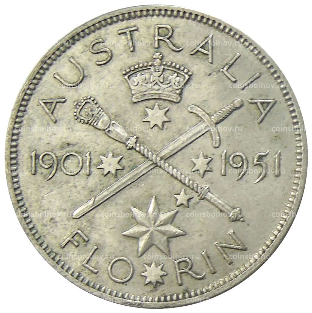 1 флорин (2 шиллинга) 1951 года Австралия 50 лет Федерации
