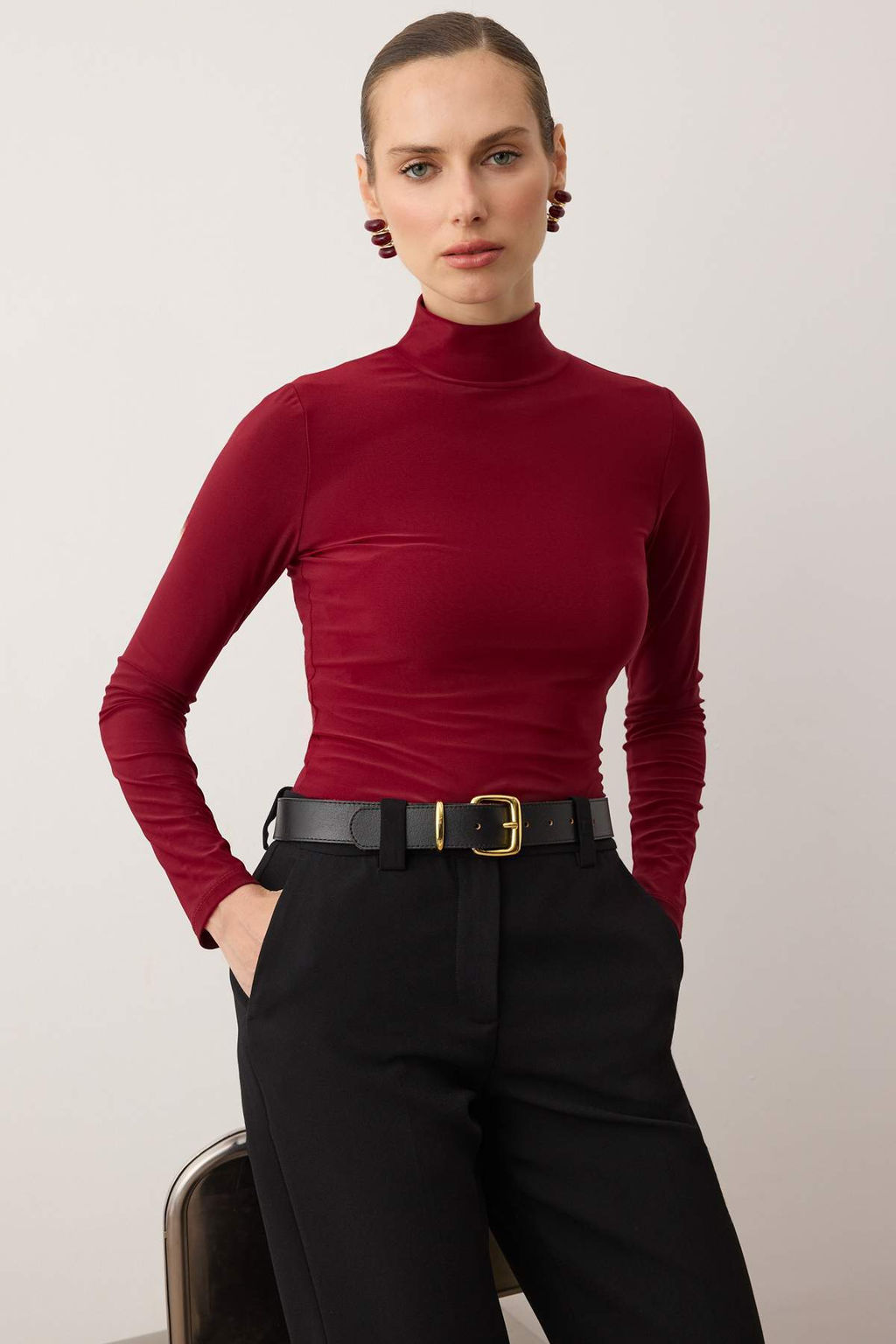 Bordo Fitted/Vucuda Oturan Uzun Kollu Dik Yaka Fitilli Esnek Orme Bluz TWOAW25BZ00078