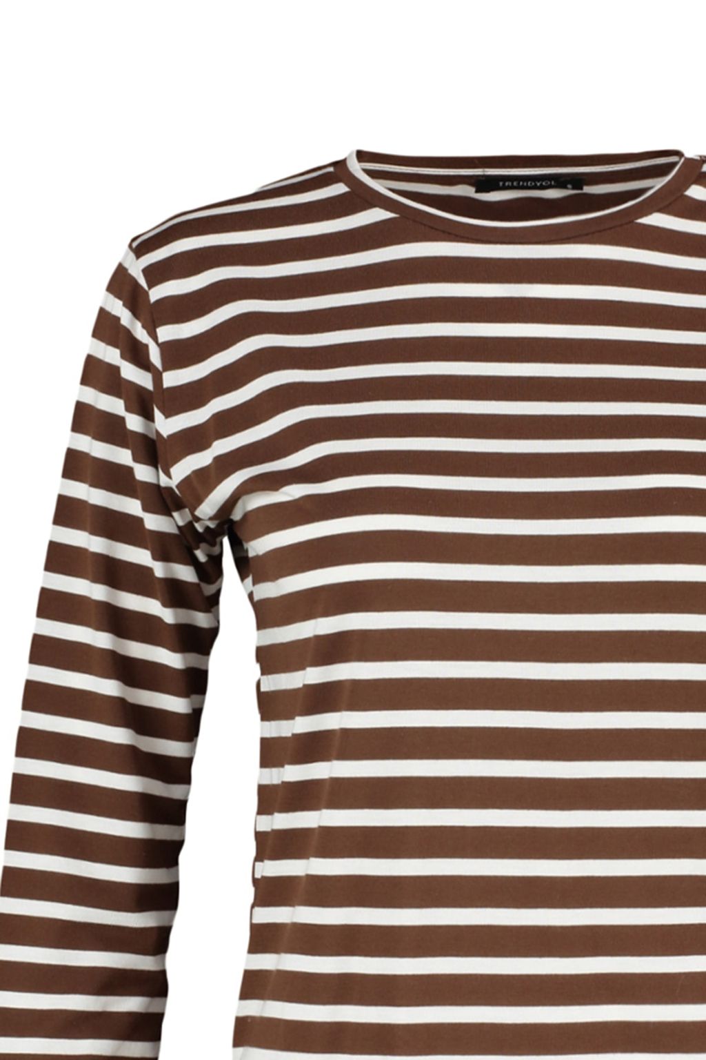 Kahverengi Cizgili Basic Bisiklet Yaka Orme T-shirt TWOAW23TS00002