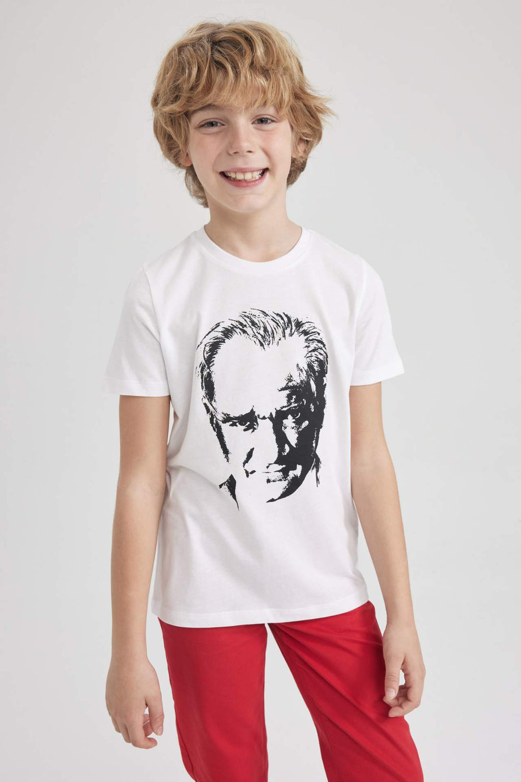Erkek Cocuk Bisiklet Yaka Ataturk Bask?l? Pamuklu Penye K?sa Kollu K?rm?z? Tisort - Defacto фото 2