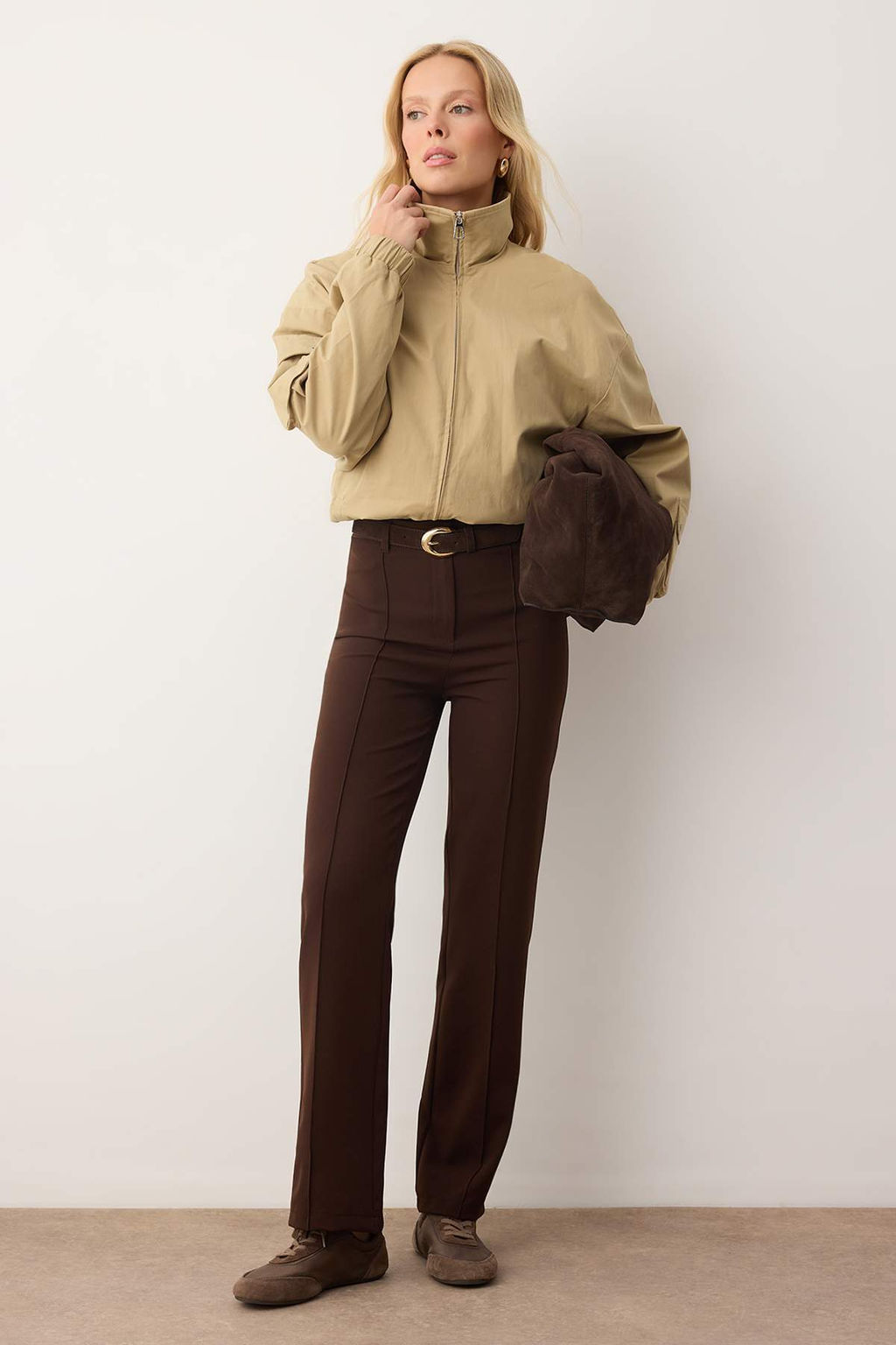 Koyu Kahverengi Kal?n Esnek Kumas Straight/Duz Kesim Nervur Dikisli Pantolon TWOAW26PL00027