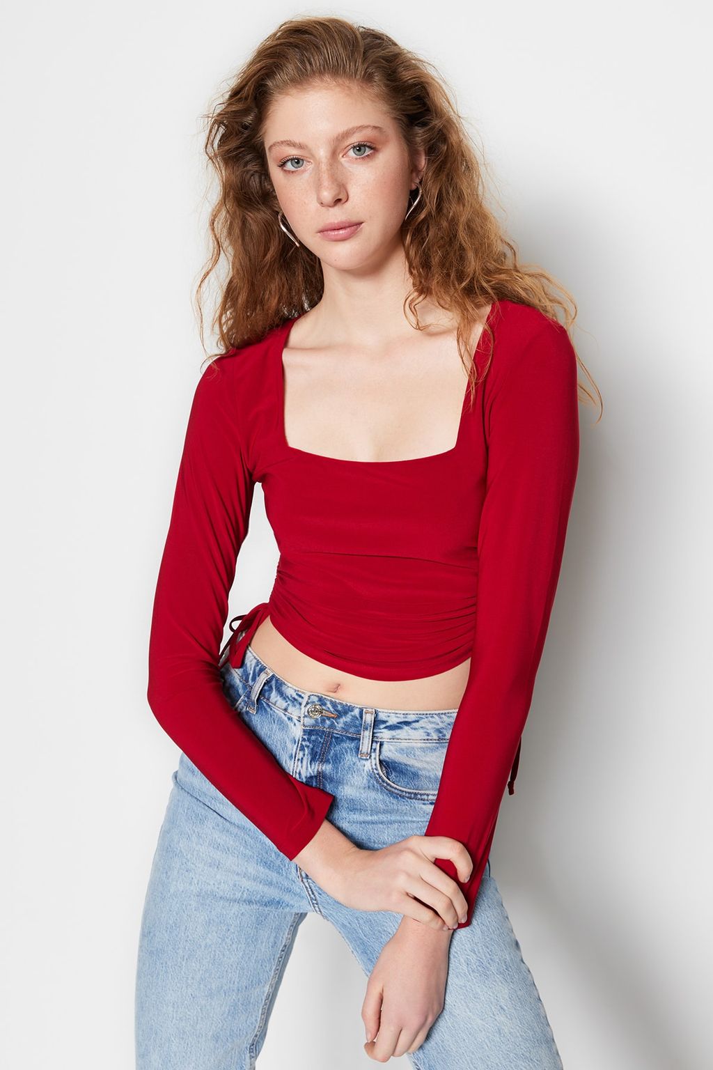 Trendyolmilla Lacivert Kare Yaka Buzgu Detayl? Fitted/Vucuda Oturan Crop Esnek Orme Bluz TWOAW22BZ0263  фото 8