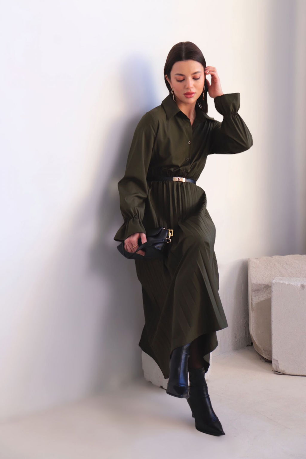 Martichelli Платье рубашка с юбкой-плиссе хаки фото 8