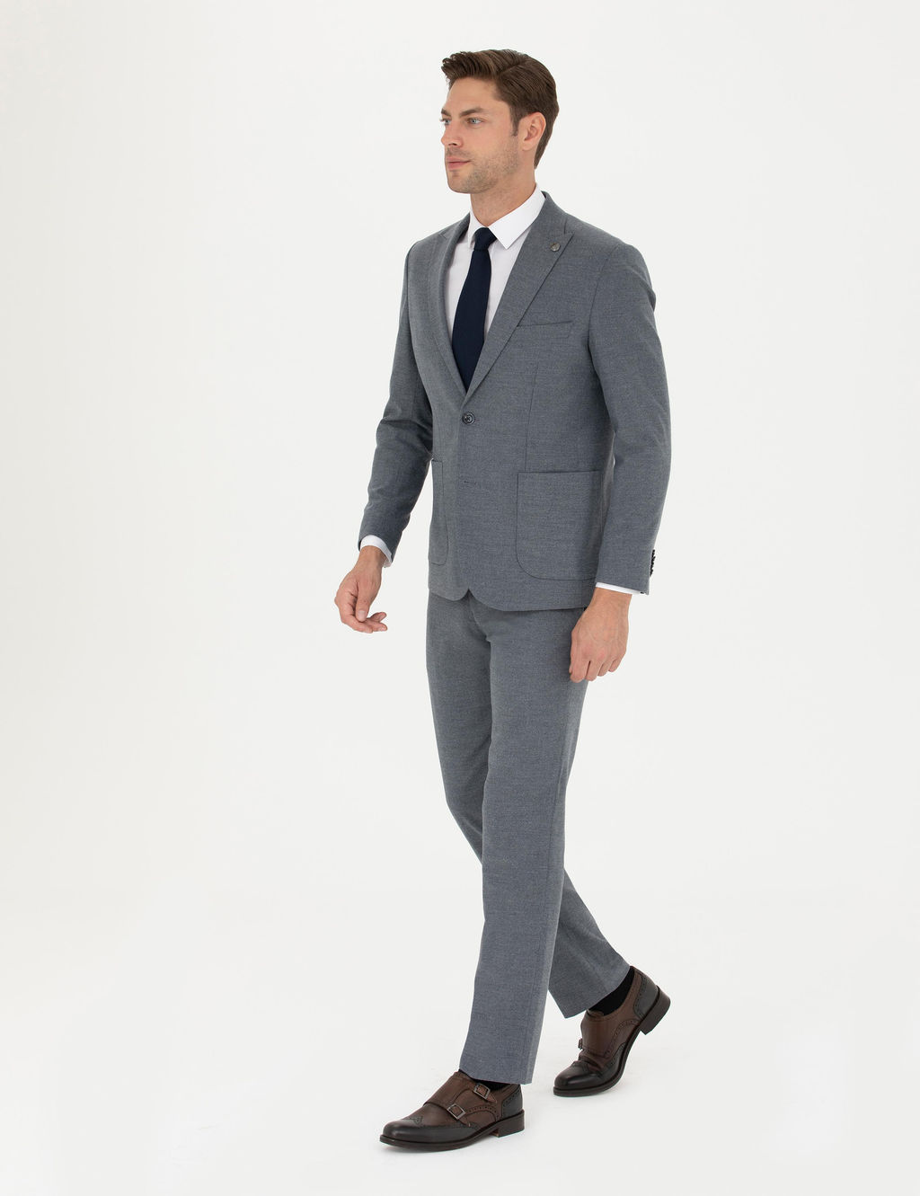 Koyu Mavi Slim Fit _izgili Tak_m Elbise