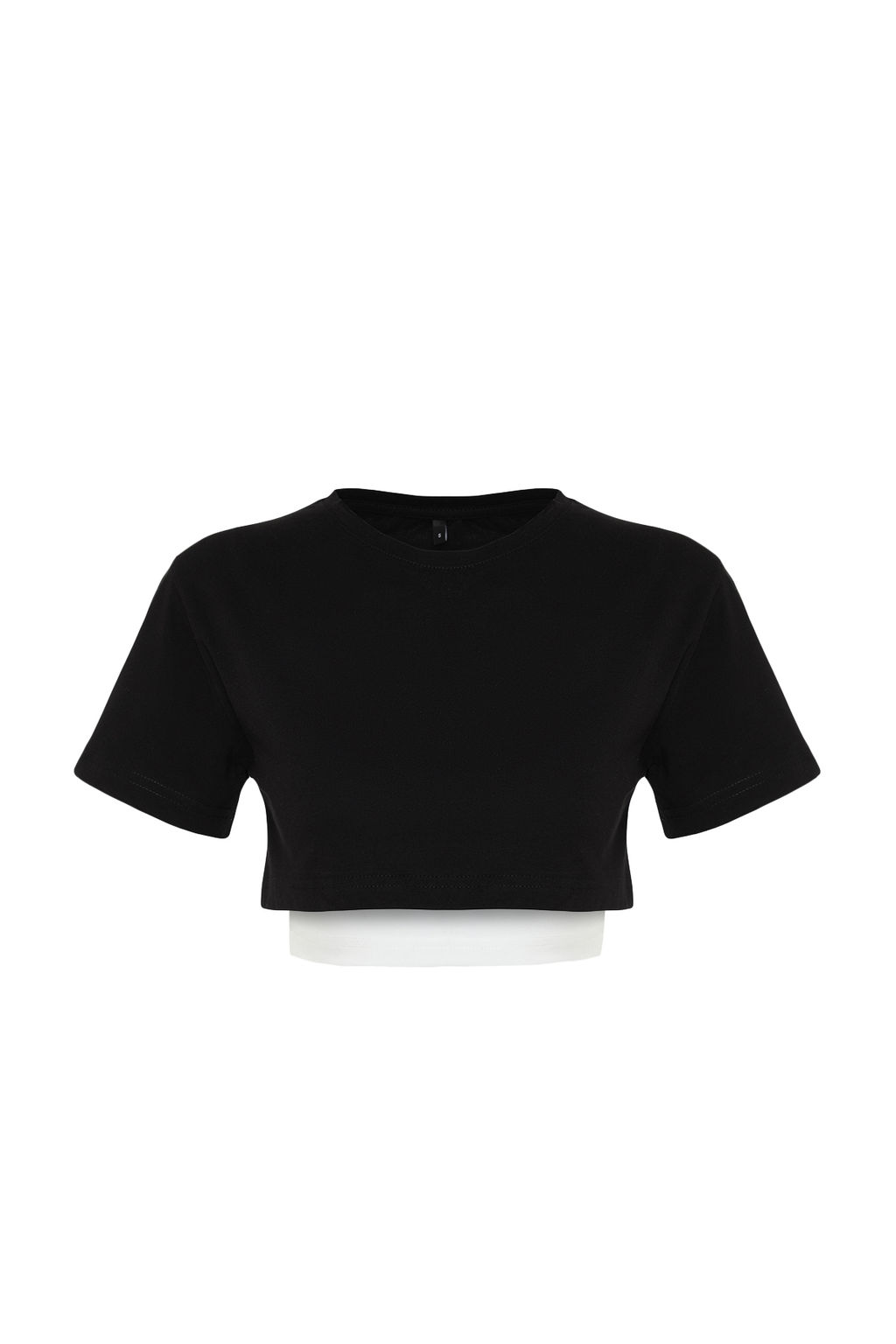 Siyah Beyaz %100 Pamuklu 2 Katmanl? Reflektor Bask?l? Crop Orme Spor T-Shirt THMSS24TS00001