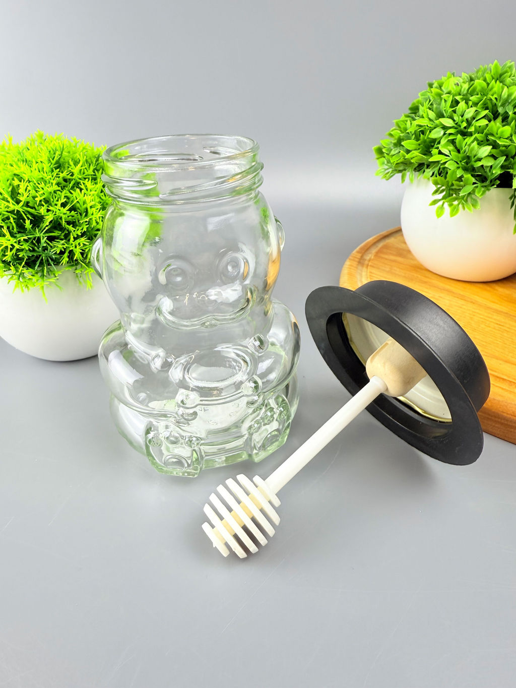 Банка для мёда стекл. 275 мл "МИШКА" с ложкой-веретено шляпа чёрная 475-98505