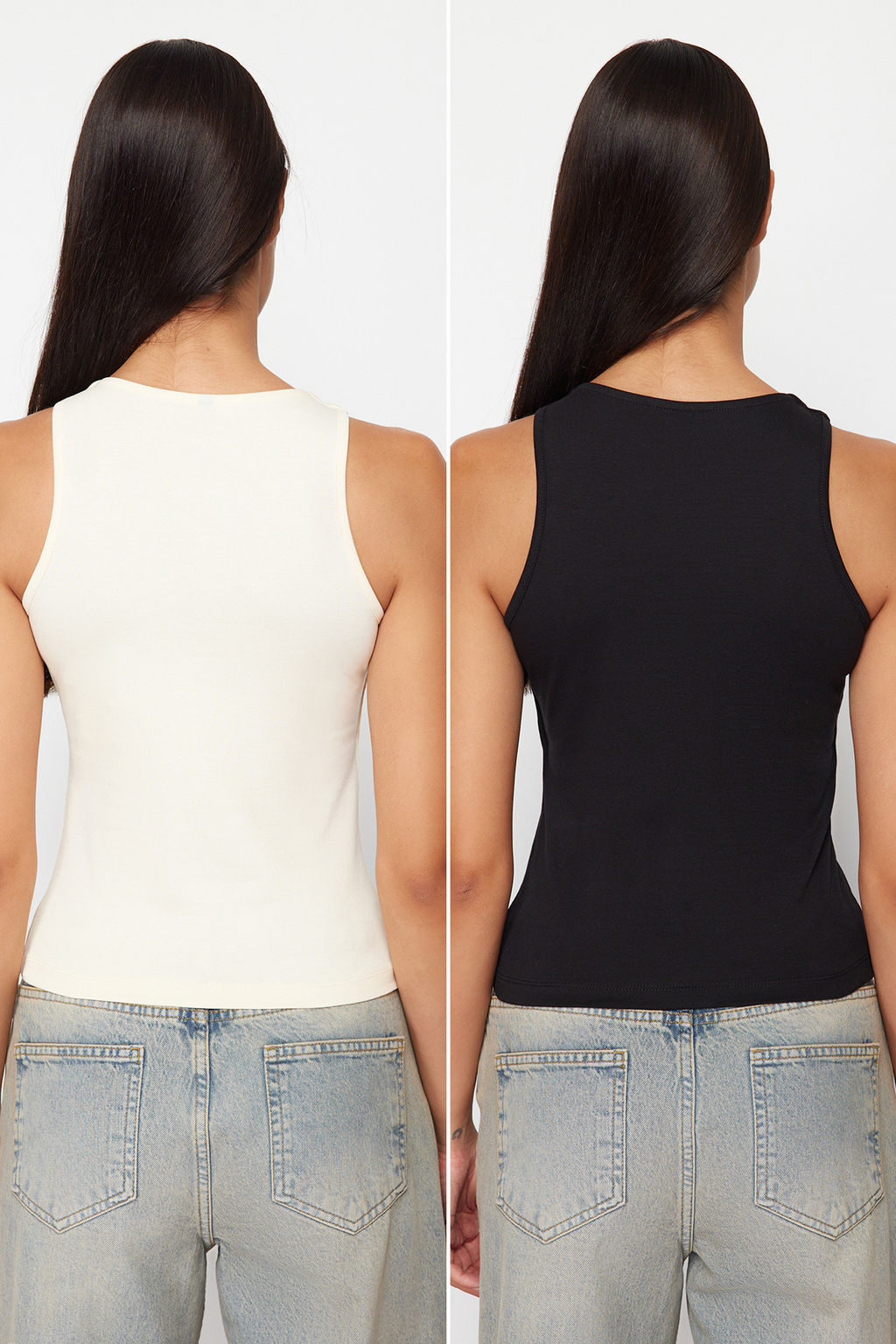 TRENDYOLMILLA Siyah-Tas Pamuklu Halter Yaka Fitted/Vucuda Oturan Esnek 2li Paket Orme Atlet TWOSS24AL00049  фото 4