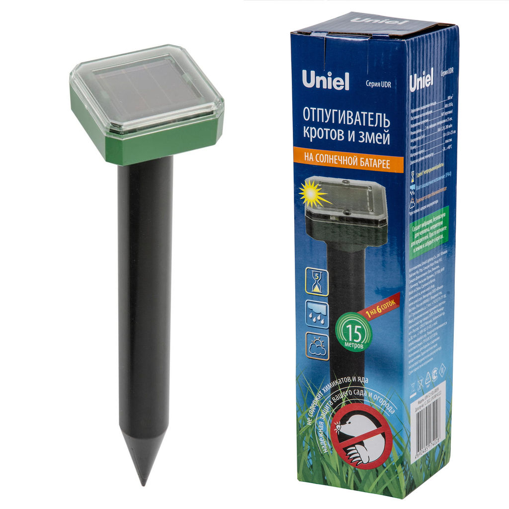 UDR-S21 SOL GREEN Устройство для отпугивания кротов и змей, на солнечной батарее. Постоянная частота вибрации. Аккумулятор в/к. IP44. Зеленый. TM Uniel