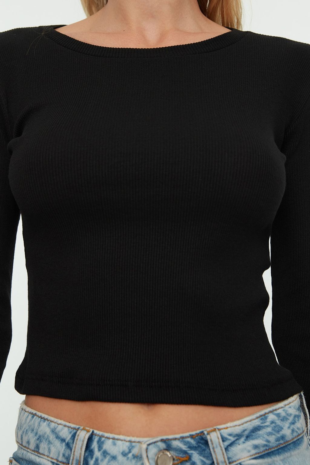 Siyah-Haki 2li Paket Fitted/Vucuda Oturan Bisiklet Yaka Crop Fitilli Esnek Orme Bluz TWOAW22BZ0331