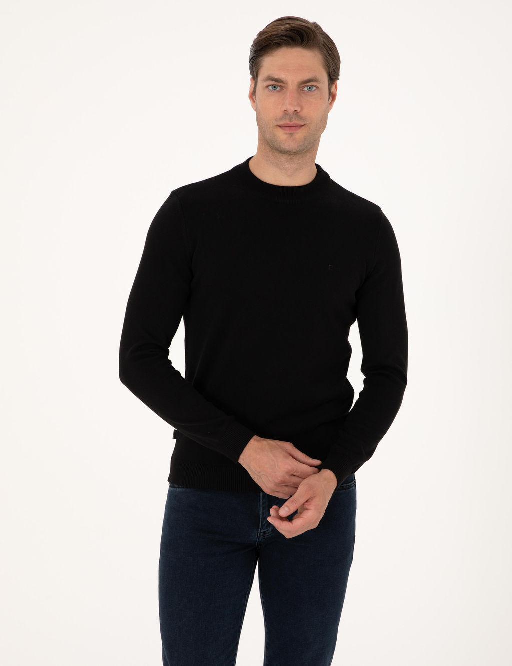 Siyah Slim Fit _eyrek Yaka Basic Triko Kazak