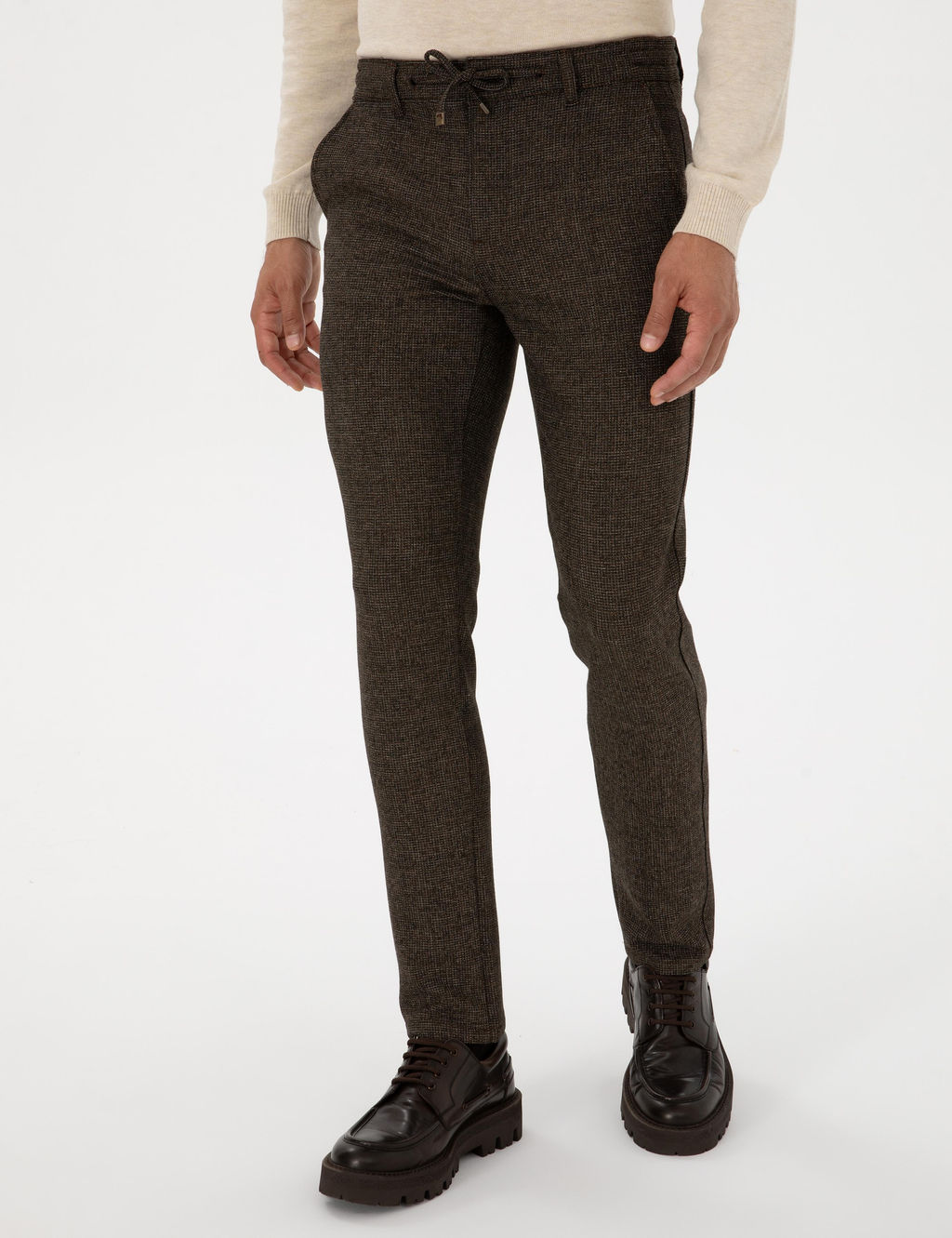 Kahverengi Slim Fit Beli Lastikli Kordonlu Kanvas Pantolon