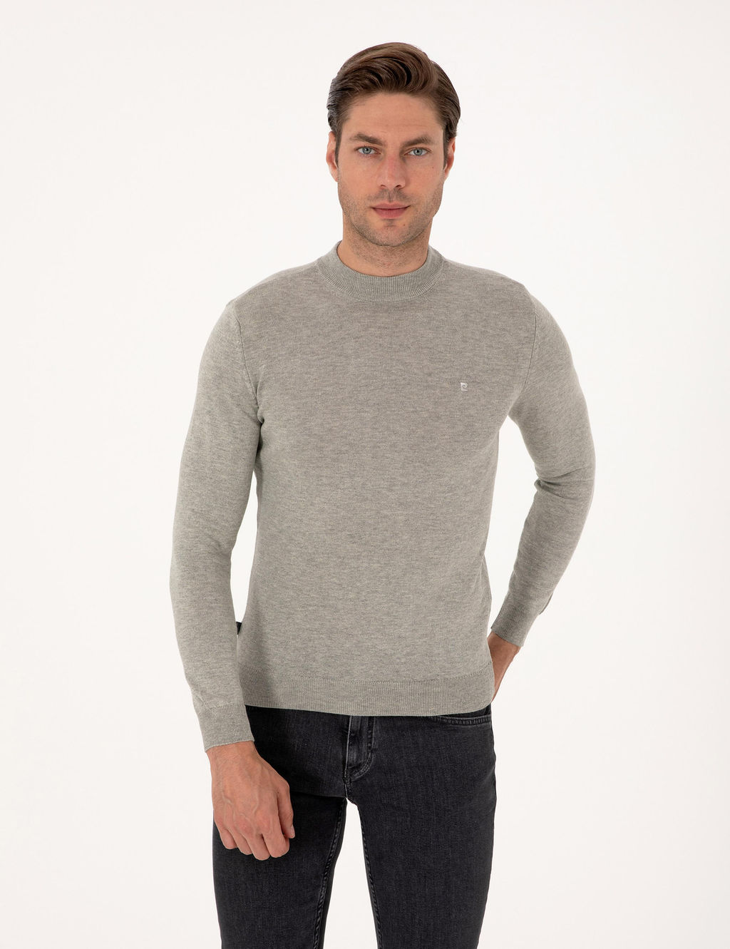 A__k Gri Melanj Slim Fit _eyrek Yaka Basic Triko Kazak