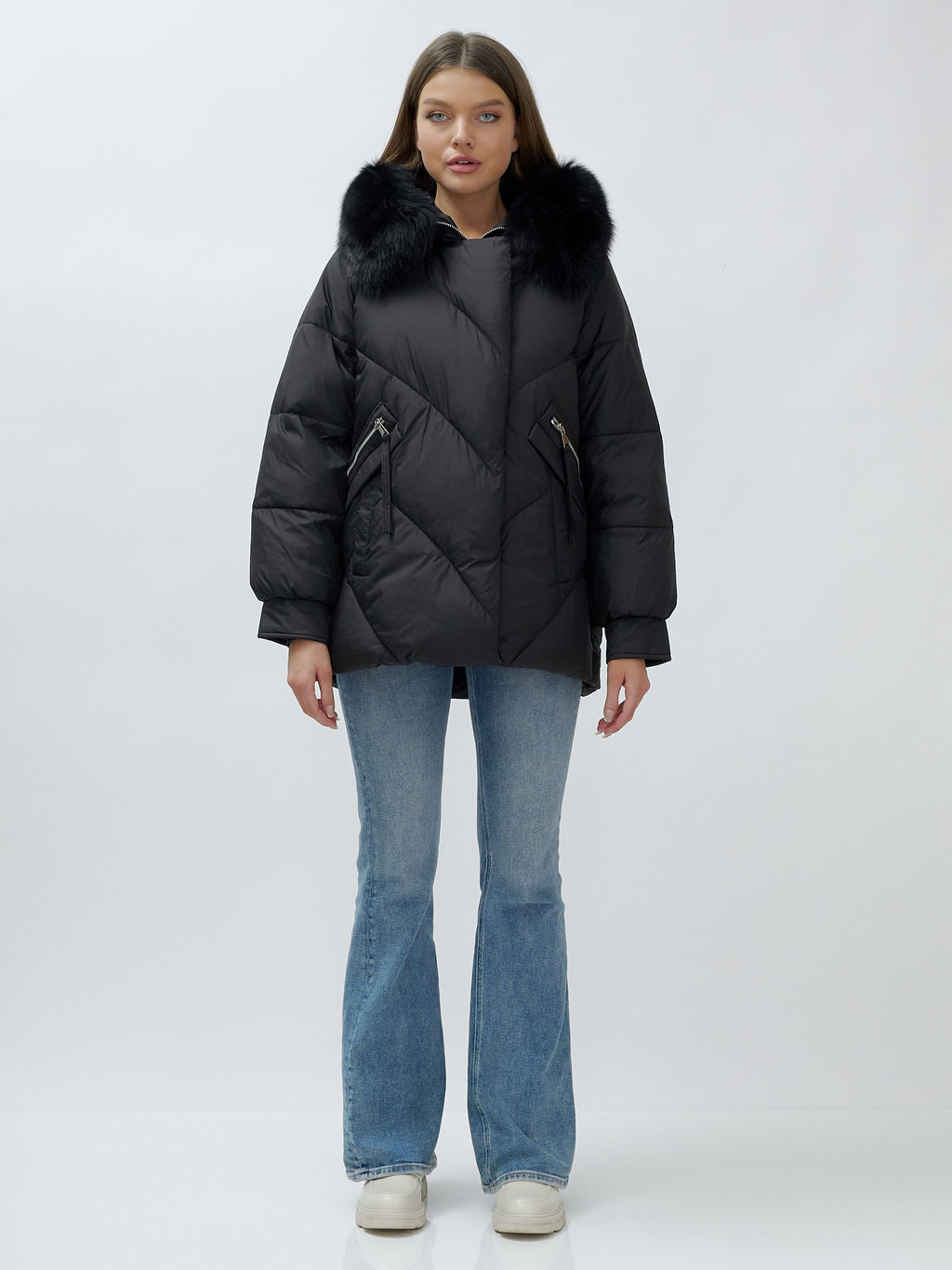 Полупальто женское зимние с мехом песец люкс класса черного цвета 6227Ch - Visdeer фото 2