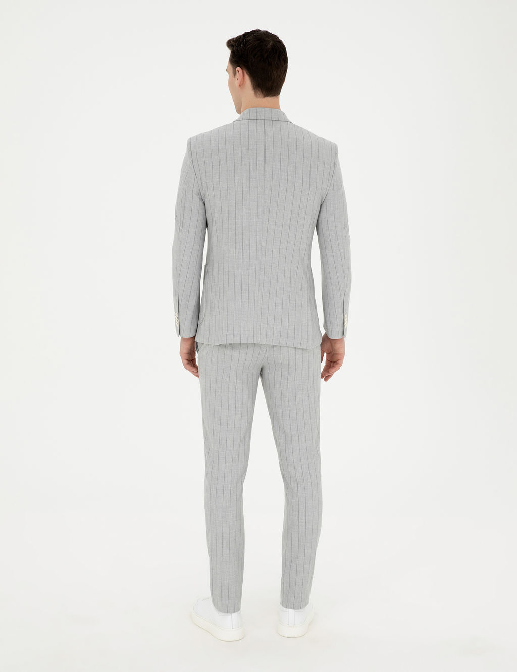 Gri Ekstra Slim Fit _izgili Kruvaze Tak_m Elbise