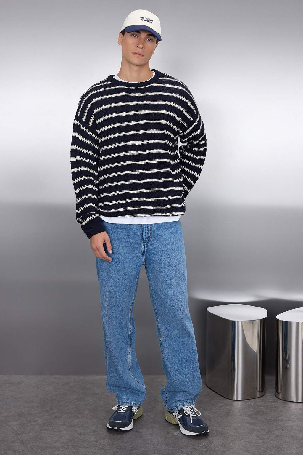 TRENDYOL MAN Lacivert Casual Unisex Oversize Bisiklet Yaka Cizgili Triko Kazak TMNAW25KZ00025 - Trendyolmilla фото 20