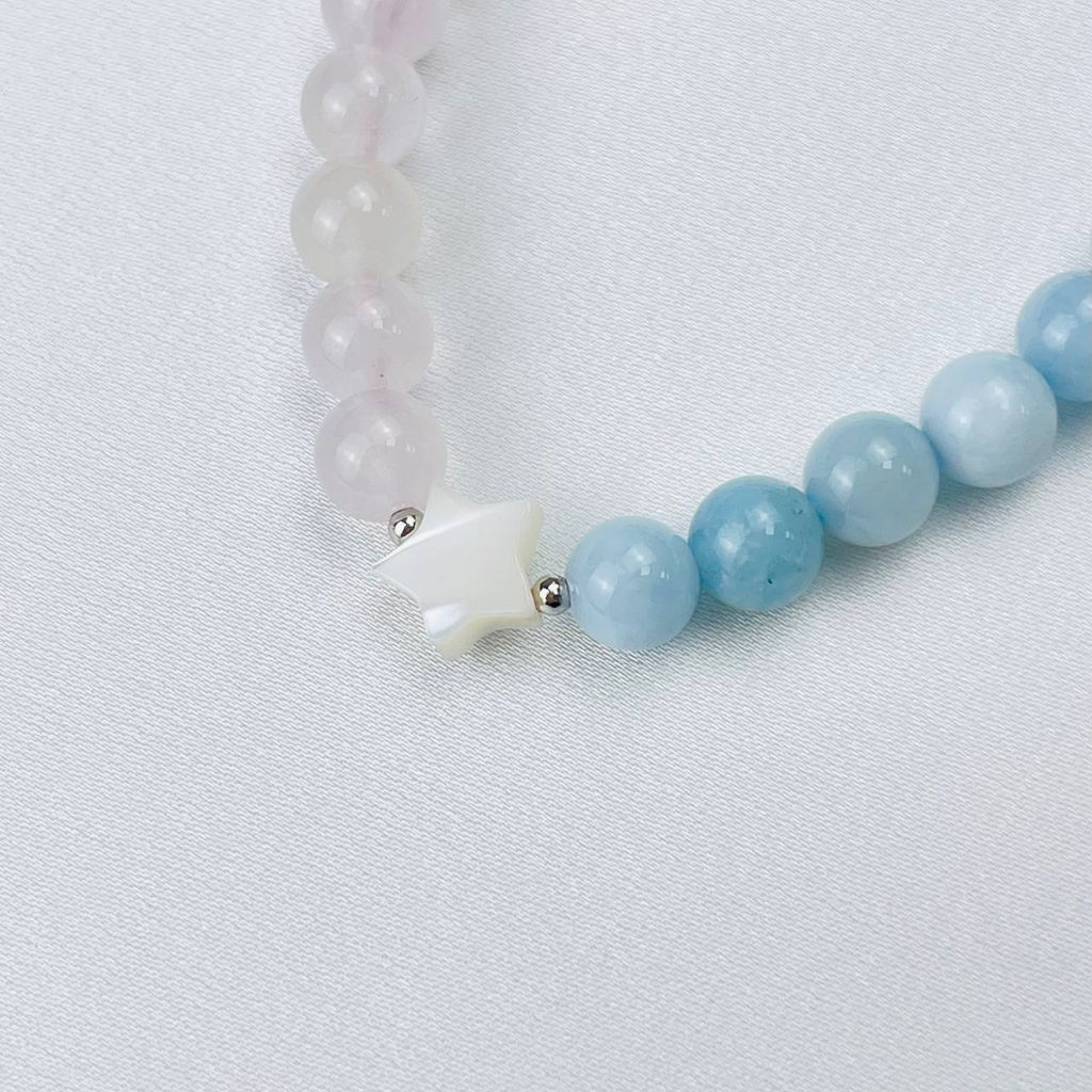 Браслет детский из Аквамарина, Розового кварца и Перламутра 15 см
