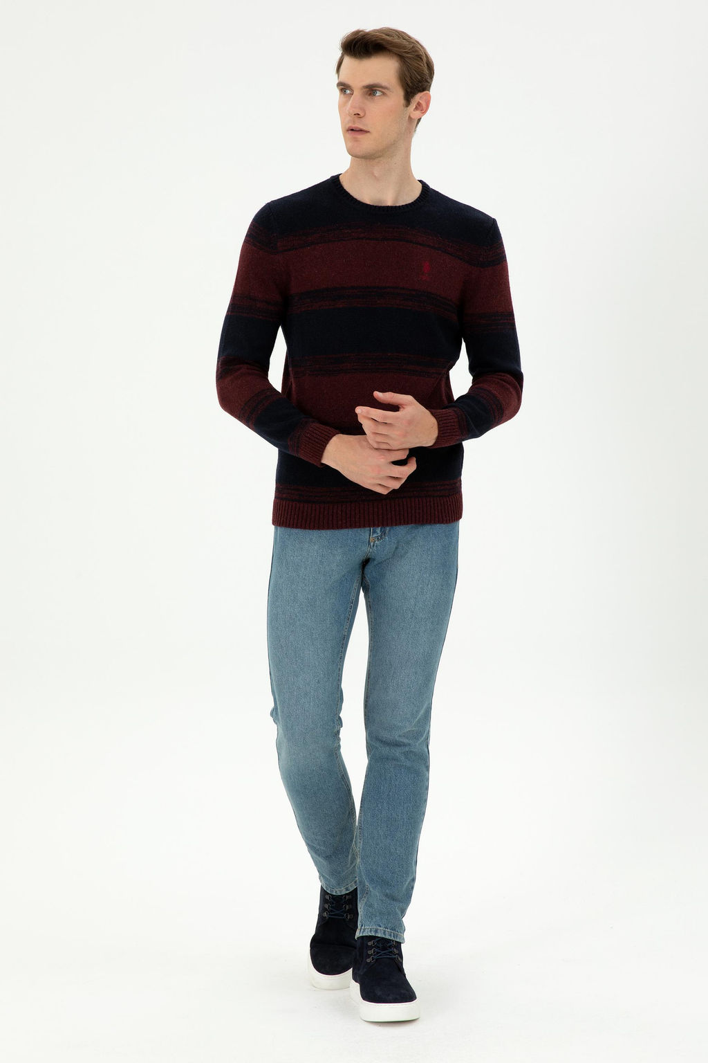 Мужской приталенный бордово-красный свитер с круглым вырезом Неожиданная скидка в корзине - U.s. polo assn фото 4