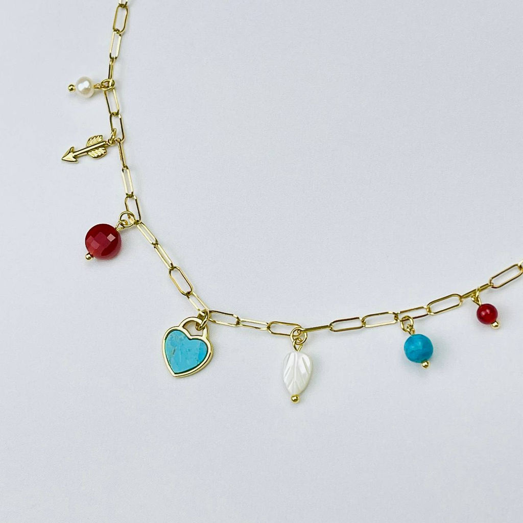 Колье на цепочке с Сердоликом, Жемчугом, Бирюзой и Перламутром 38/45 см