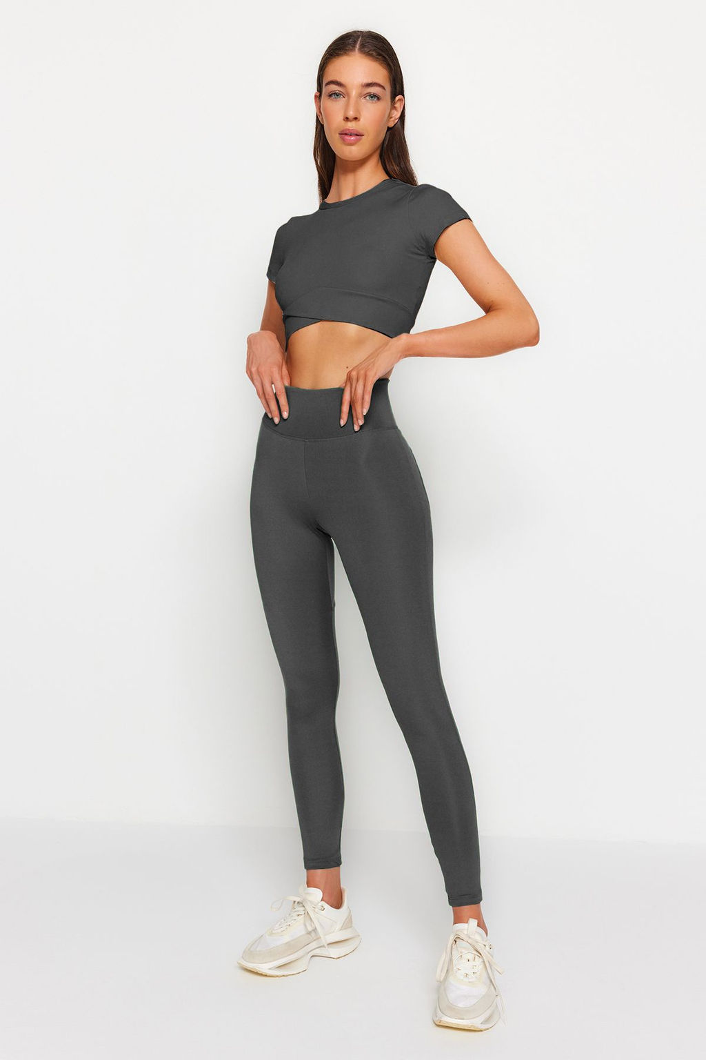 Koyu Antrasit Push-Up Ozellikli Tam Boy Orme Spor Tayt TWOAW21TA0030