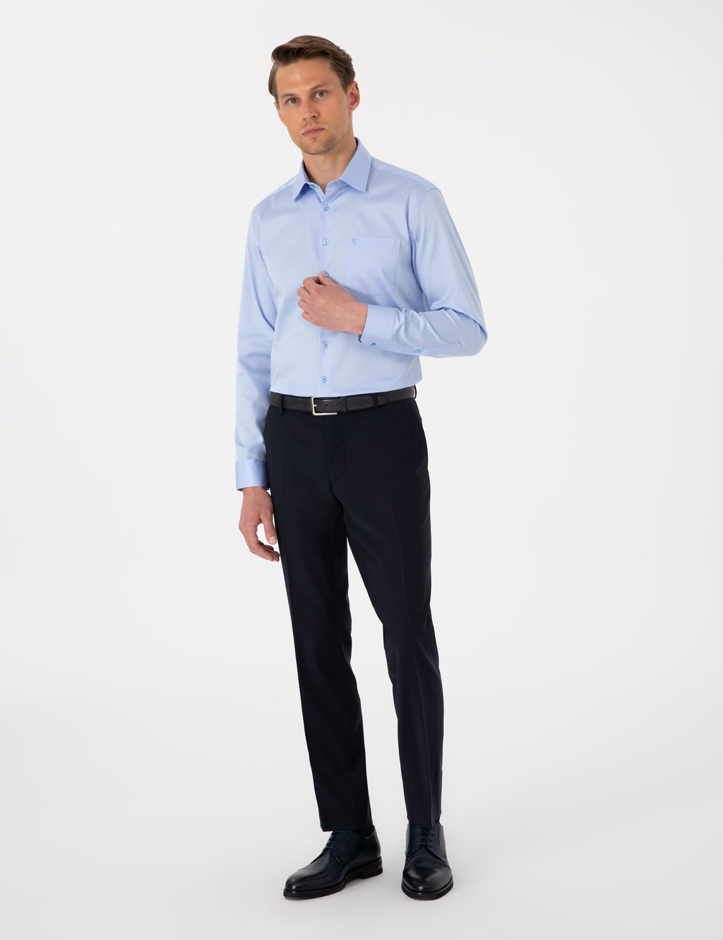Koyu Mavi %100 Pamuk Parlak Saten Regular Fit Uzun Kollu Basic G_mlek