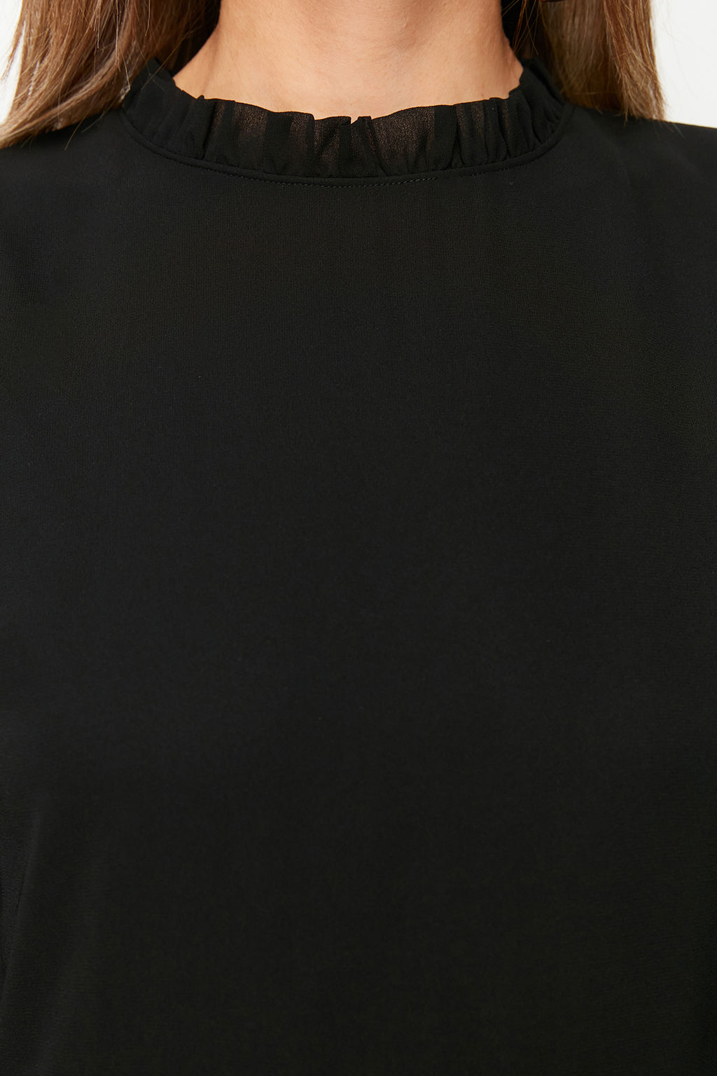 TRENDYOLMILLA Siyah A Kesim F?rf?r Detayl? Dik Yaka Mini Astarl? Sifon Dokuma K?sl?k Elbise TWOAW24EL00722  фото 27