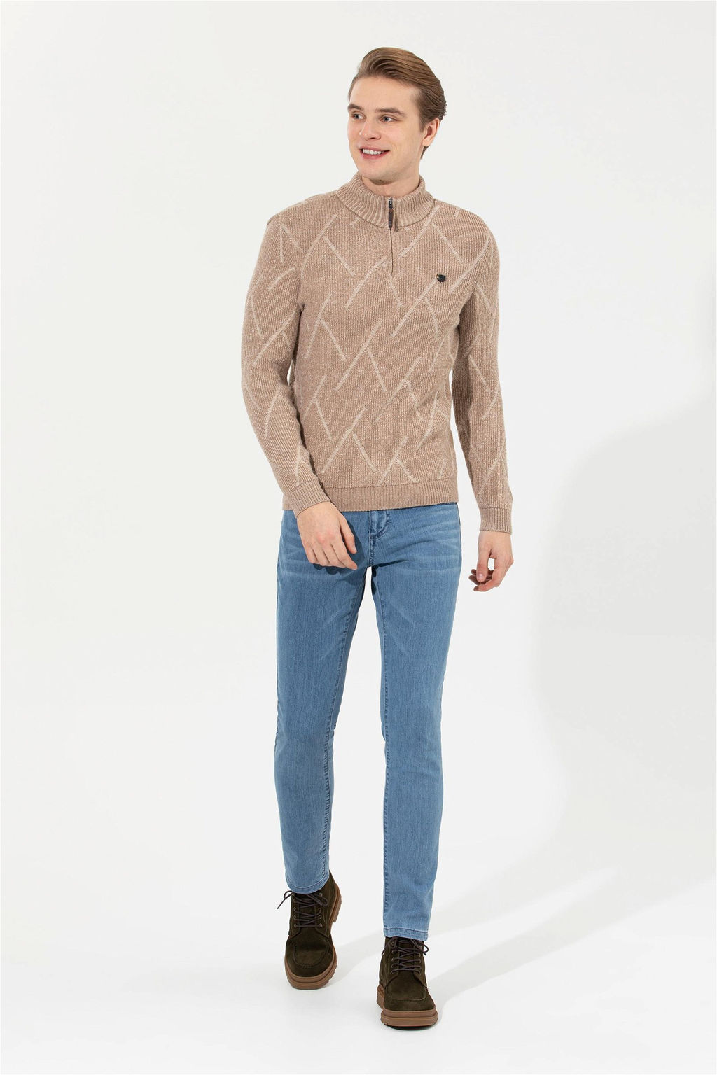 U. S. Polo Assn Мужской светло-коричневый меланжевый трикотажный свитер с высоким воротником - U.s. polo assn фото 9