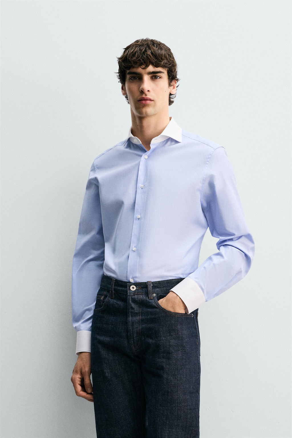 CAMISA REGULAR FIT CUADROS CONTRASTE / Celeste - Zara фото 2