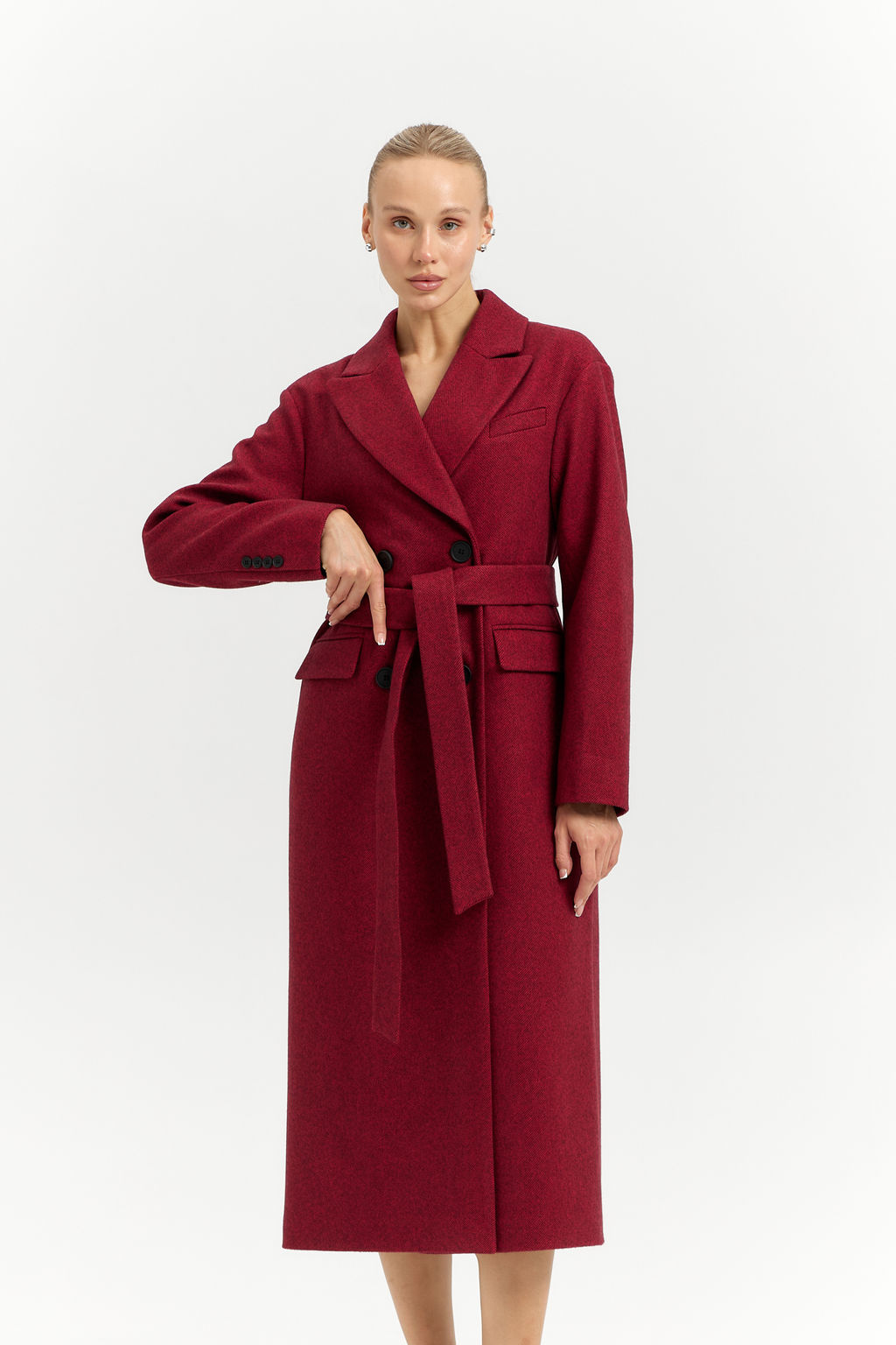 Пальто женское демисезонное 26102 (бордовый/ёлочка)