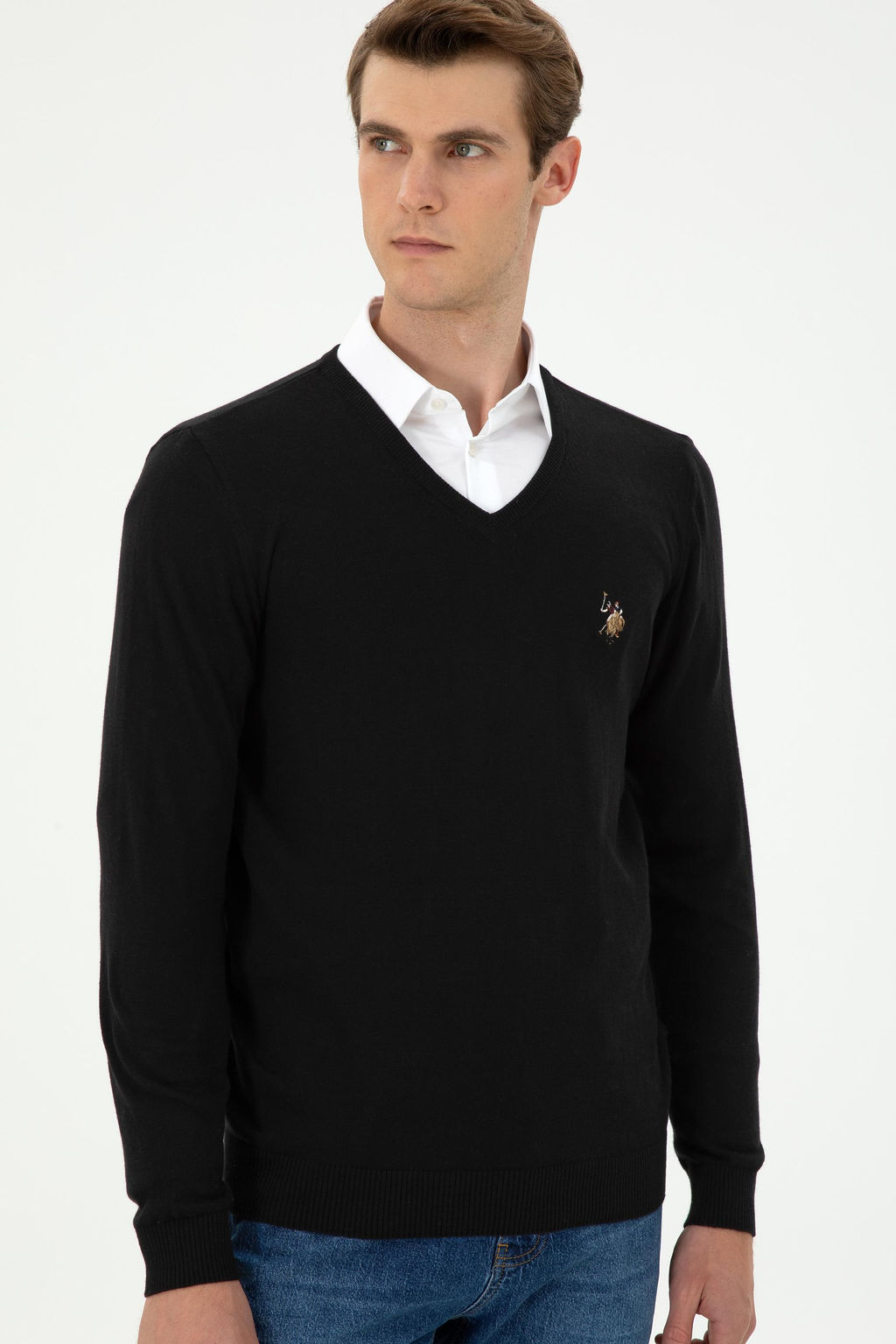 Erkek Slim Fit V Yaka Siyah Basic Kazak