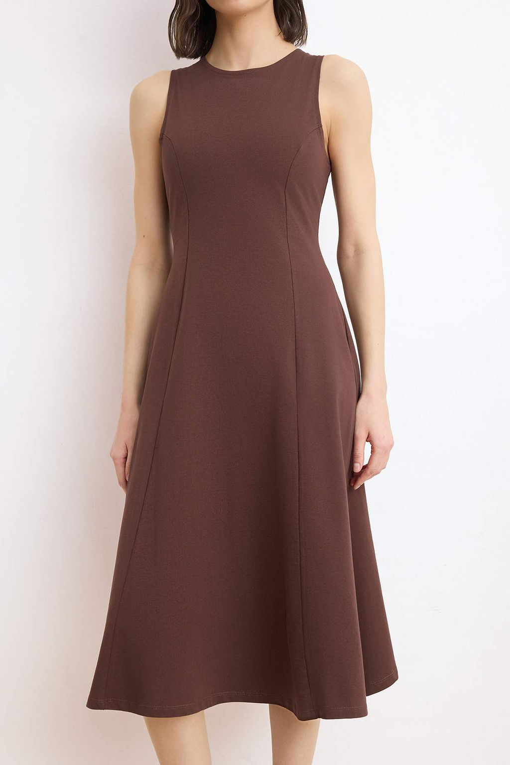 Kahverengi %100 Pamuk Skater/Belden Ac?lan Bisiklet Yaka Kolsuz Midi Orme Elbise TWOSS24EL00193