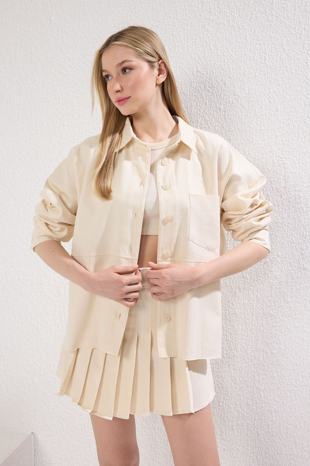 Bej S?rt? Dantel Detayl? Cepli Regular Gabardin Ceket TWOSS25CE00036 - Trendyolmilla фото 2